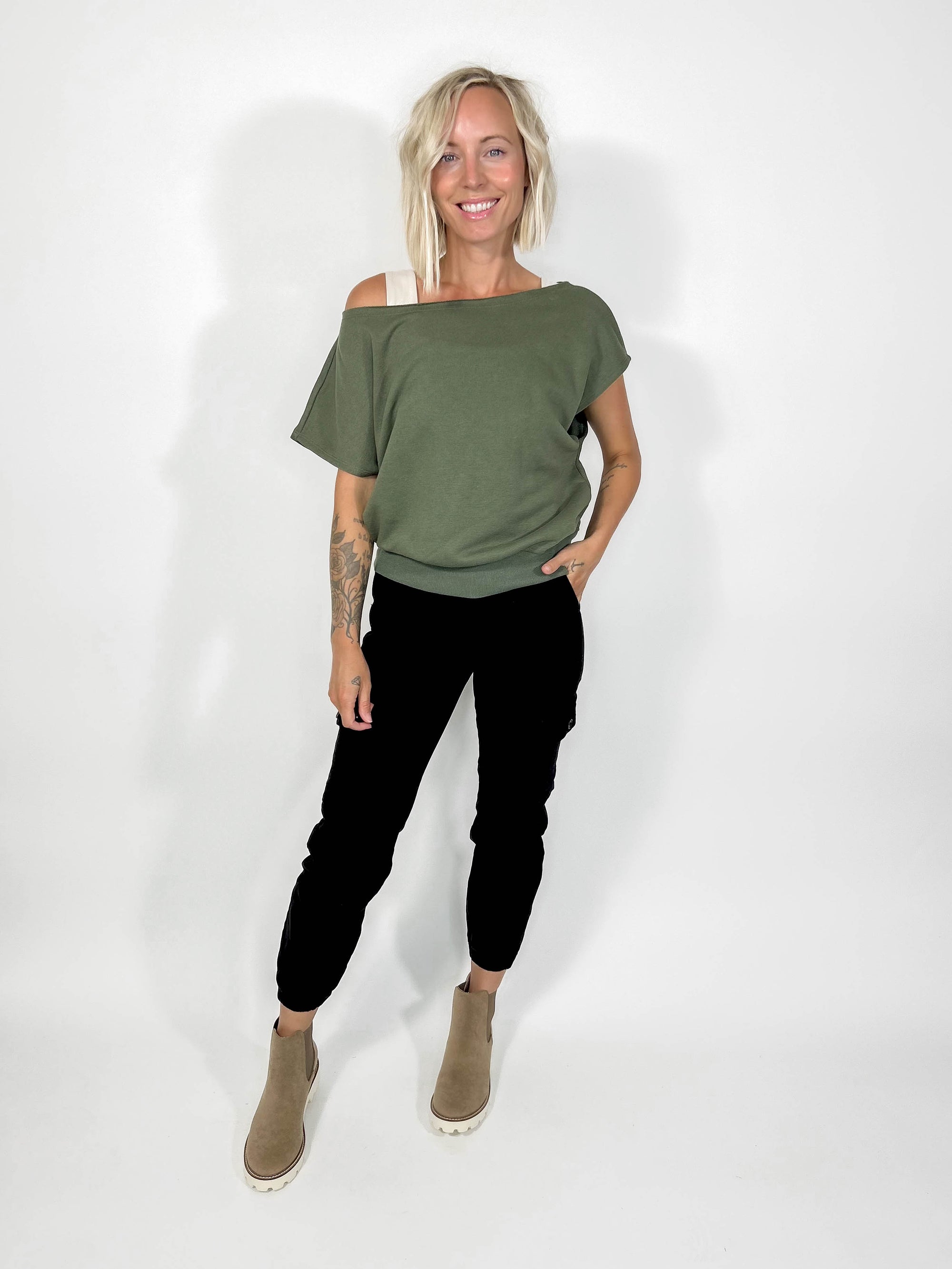 Los Angeles Shoulder Top- LT OLIVE -FINAL SALE