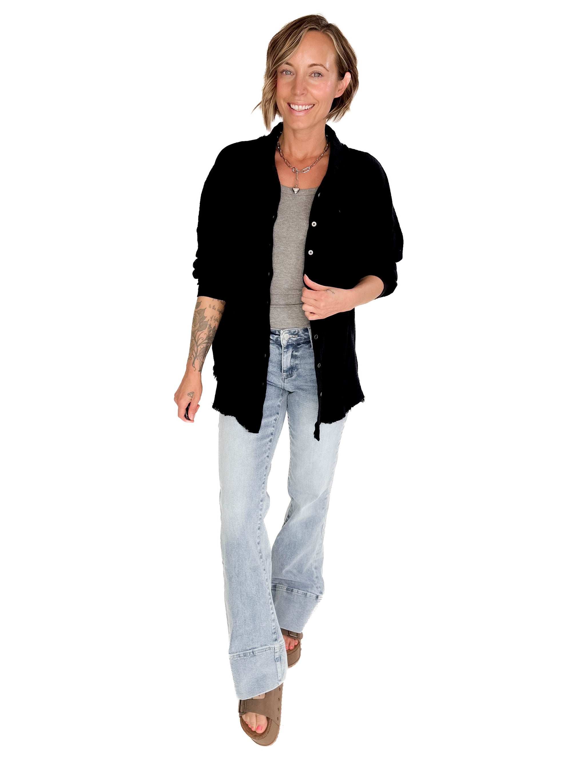 Portia Cotton Gauze Oversized Button Up- BLACK