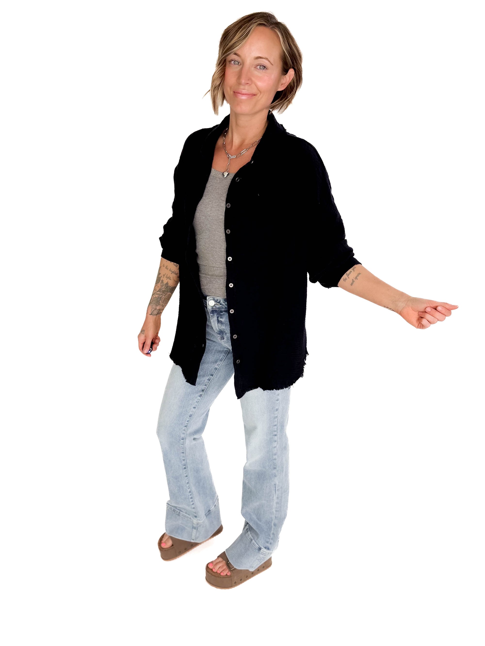 Portia Cotton Gauze Oversized Button Up- BLACK