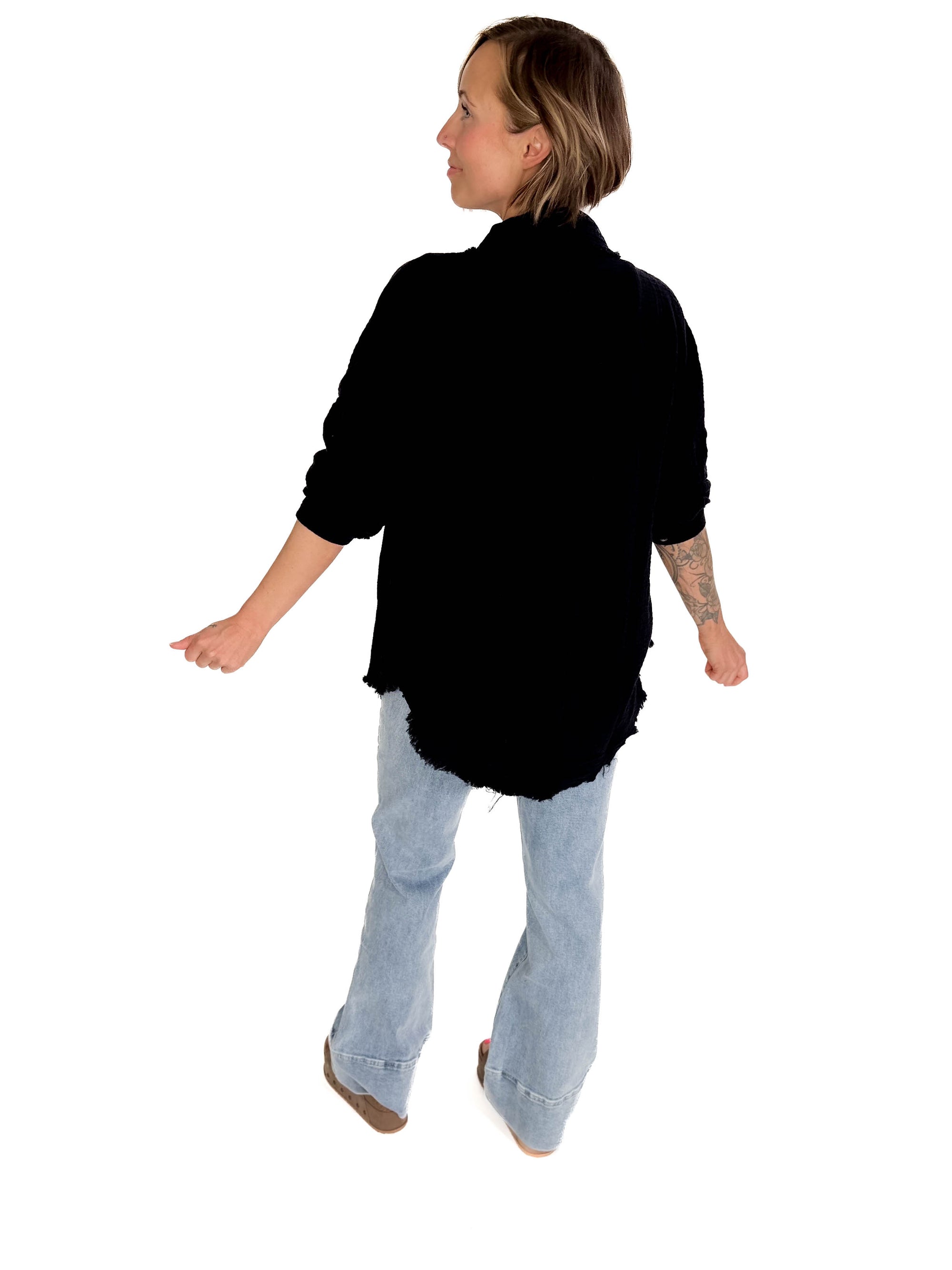 Portia Cotton Gauze Oversized Button Up- BLACK