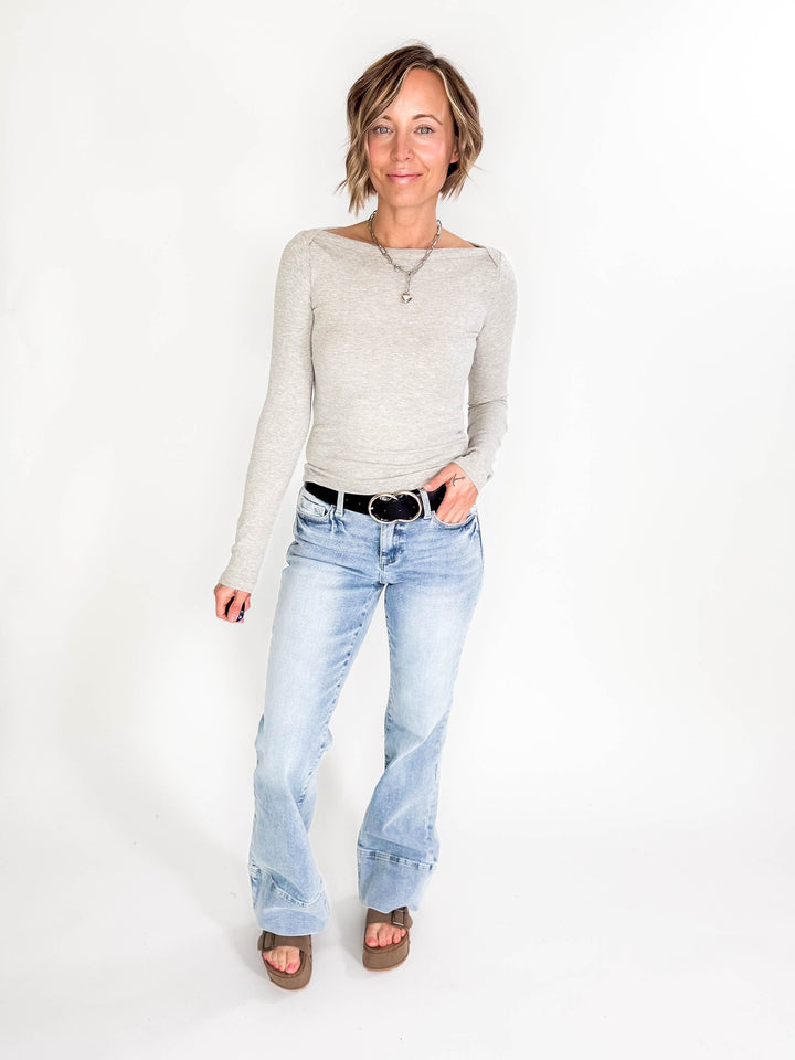 Plaionie Boatneck Ribbed Knit Long Sleeve- GREY