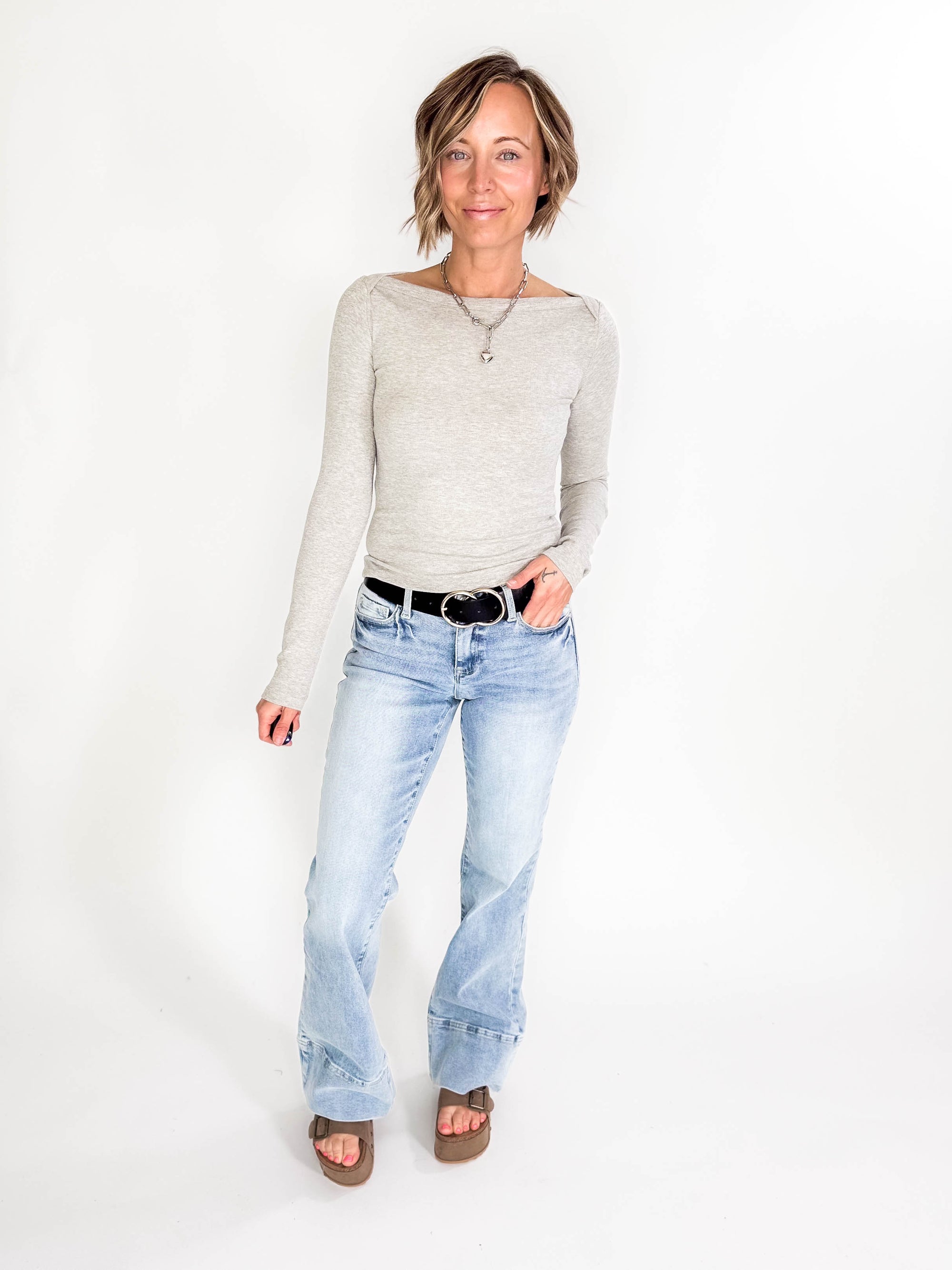 Plaionie Boatneck Ribbed Knit Long Sleeve- GREY