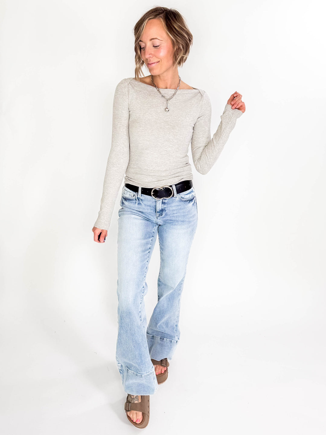 Plaionie Boatneck Ribbed Knit Long Sleeve- GREY