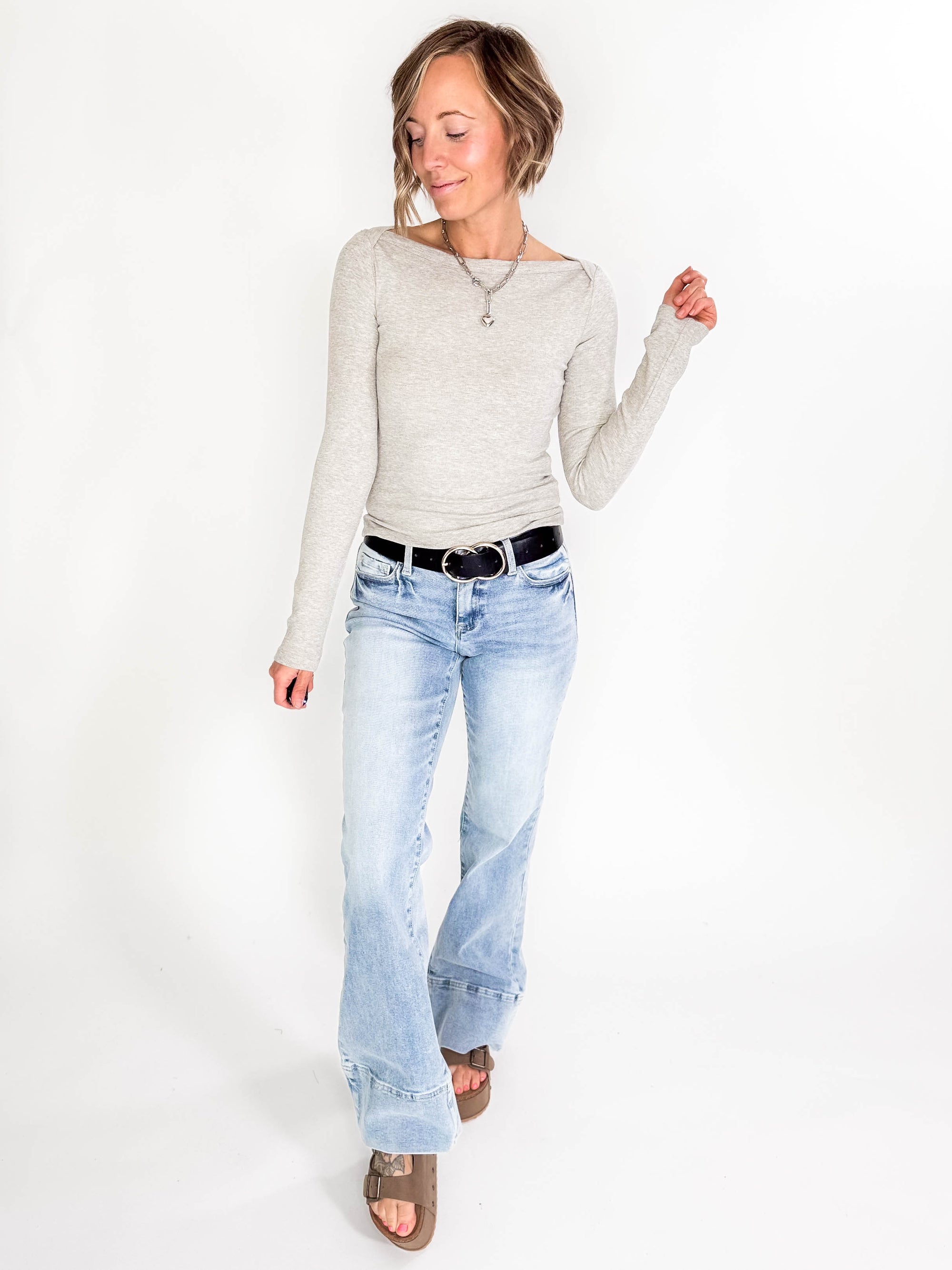 Plaionie Boatneck Ribbed Knit Long Sleeve- GREY