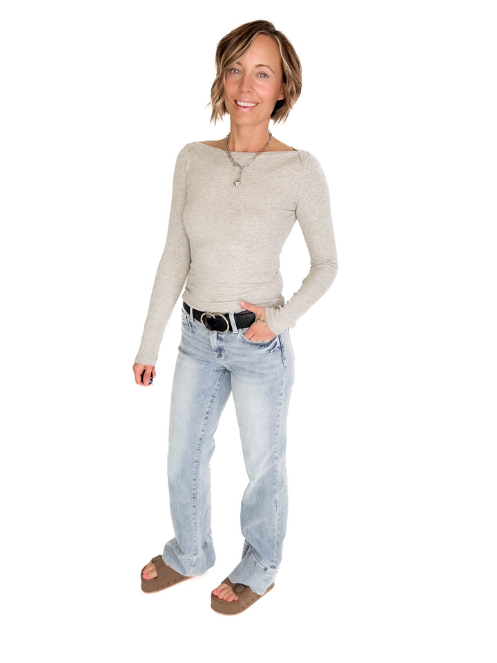 Plaionie Boatneck Ribbed Knit Long Sleeve- GREY
