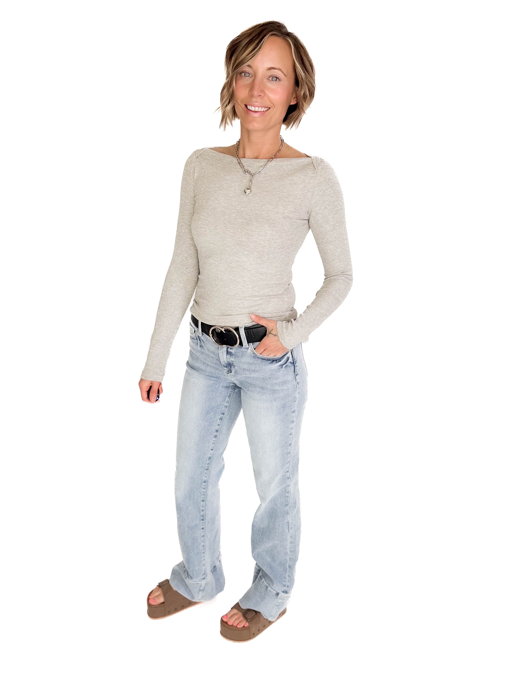 Plaionie Boatneck Ribbed Knit Long Sleeve- GREY