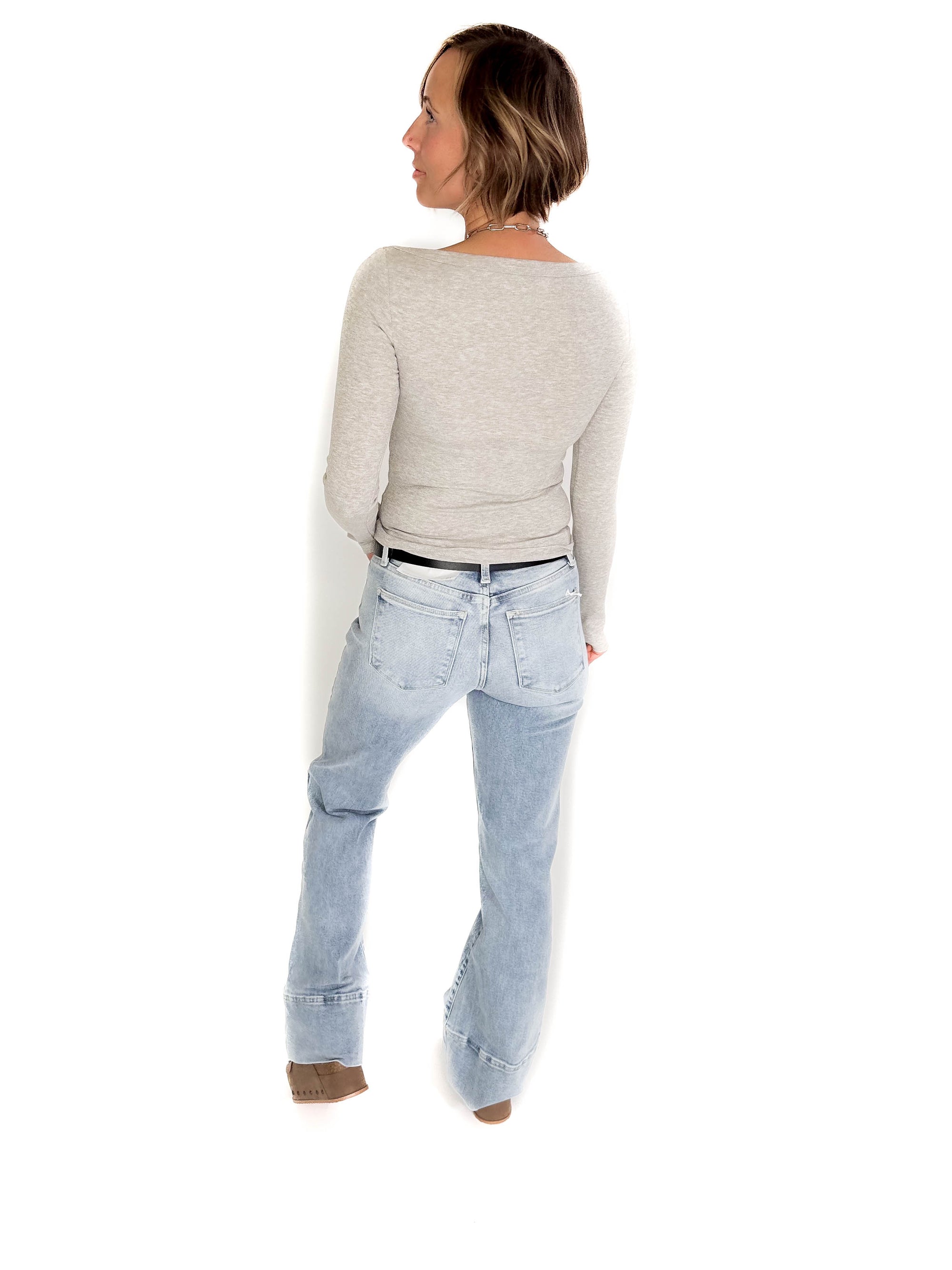 Plaionie Boatneck Ribbed Knit Long Sleeve- GREY