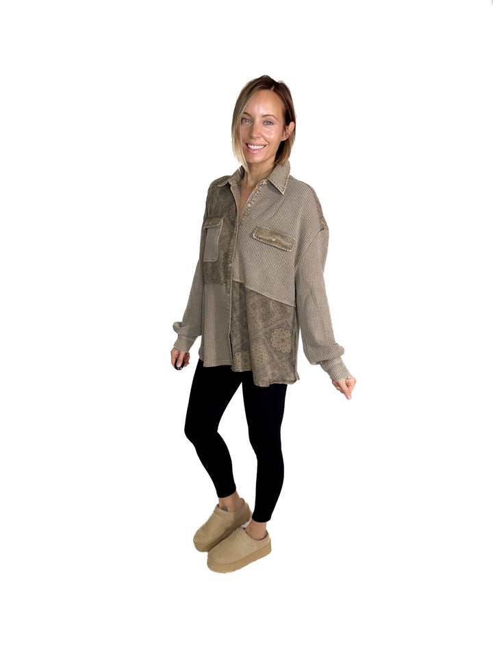Amera Paisley Print Mix Button Down Shacket- COFFEE