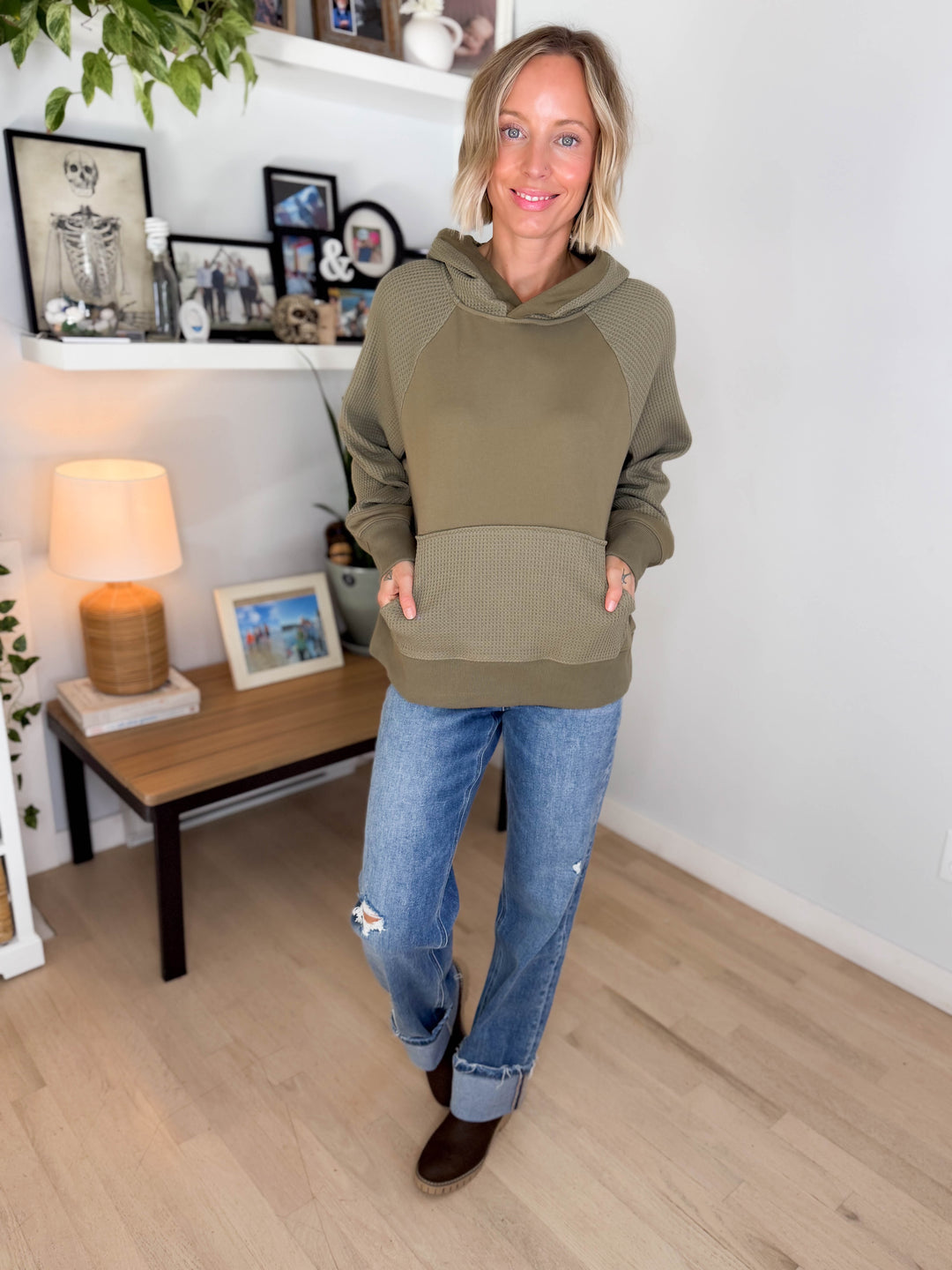 Sonoma Round Neck Waffle Knit Long Sleeve Hoodie- ARMY