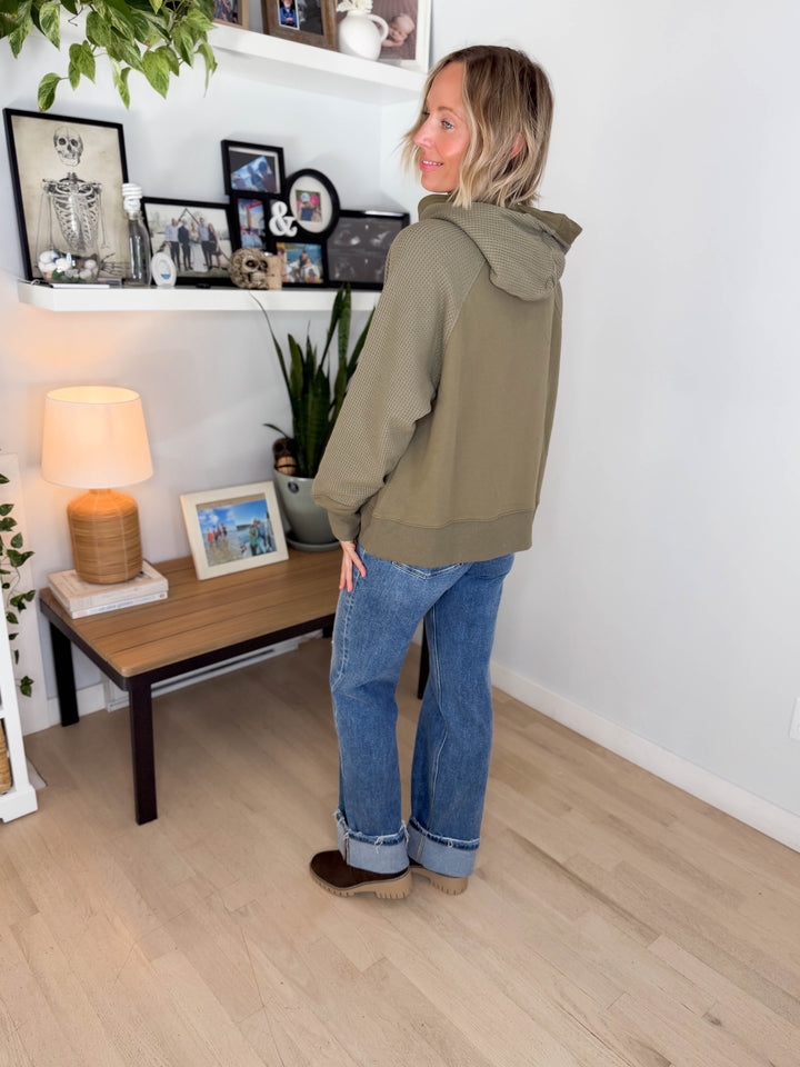 Sonoma Round Neck Waffle Knit Long Sleeve Hoodie- ARMY