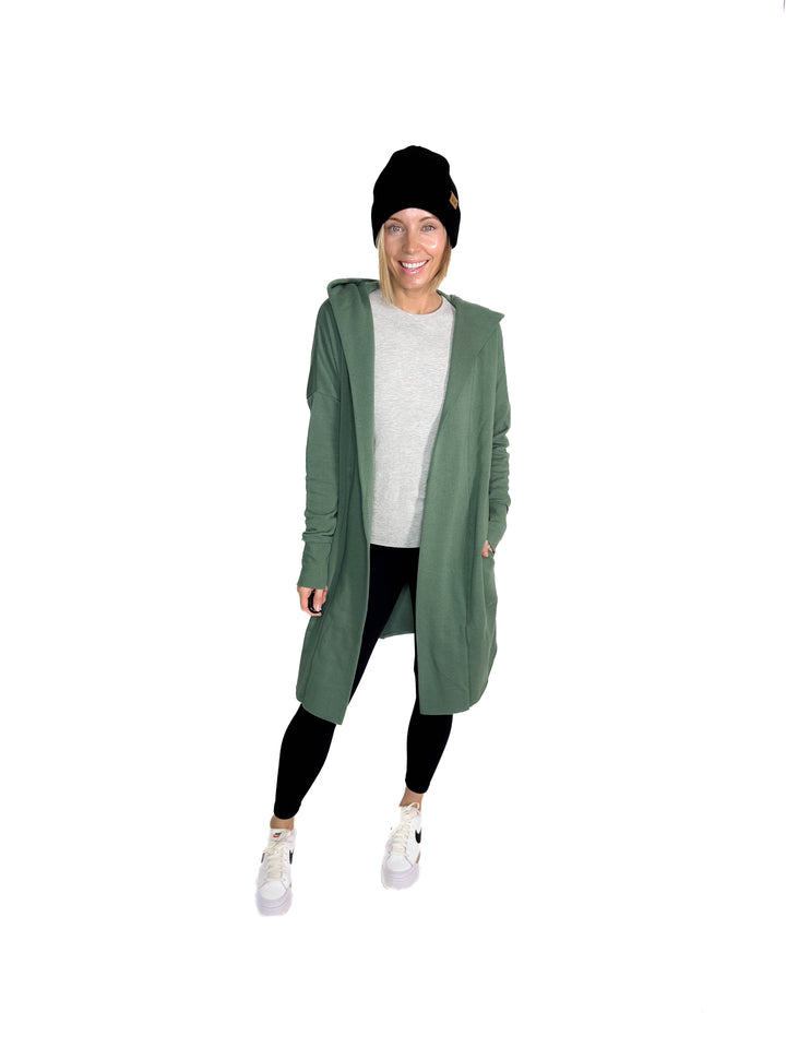 MONO B Whistler Longline Hoodie Cardigan- ELDERGREEN