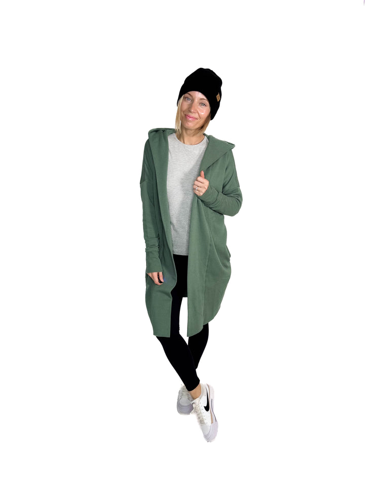 MONO B Whistler Longline Hoodie Cardigan- ELDERGREEN