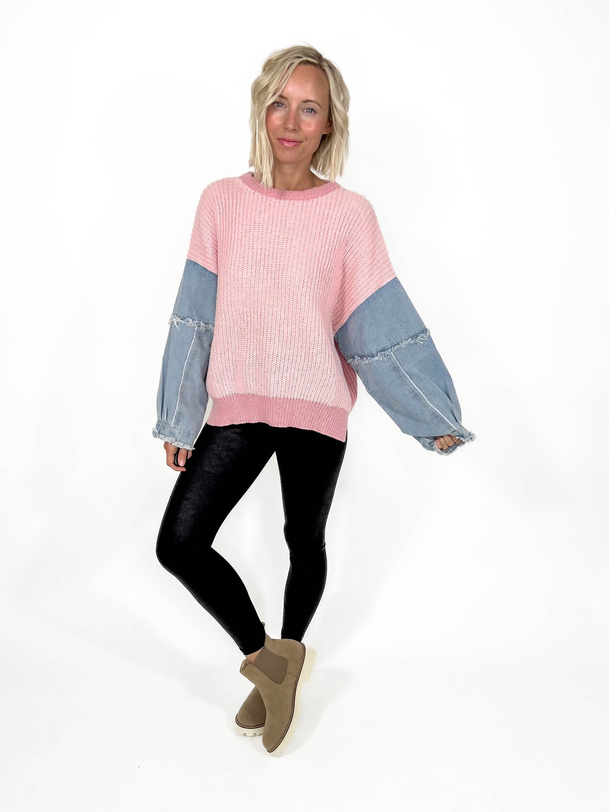 Tova Contrast Sweater- BLUSH/DENIM-FINAL SALE