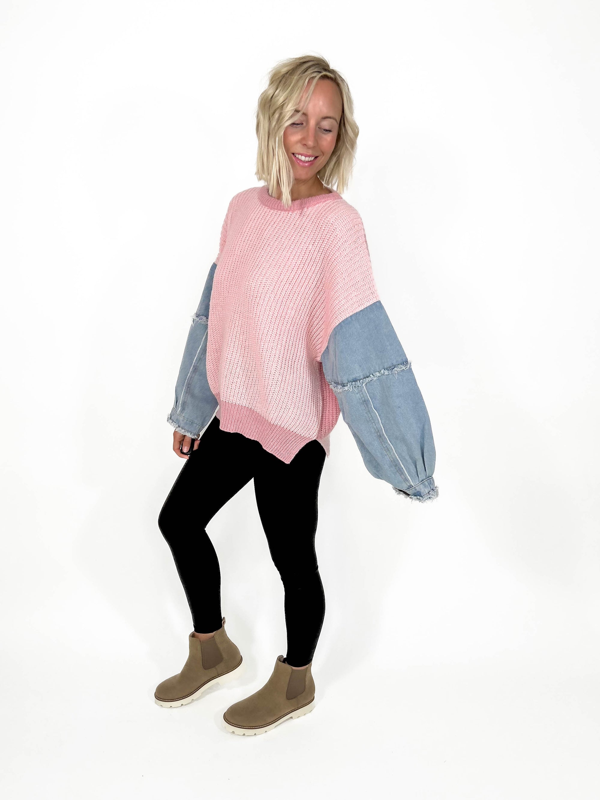 Tova Contrast Sweater- BLUSH/DENIM-FINAL SALE