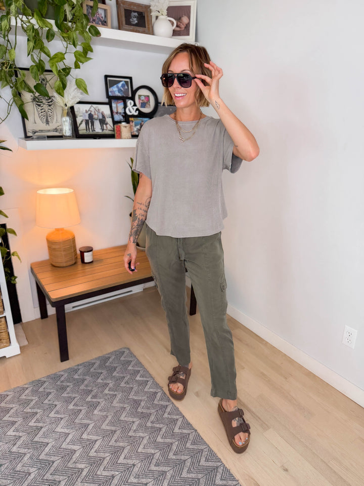 Wild Sage Drop Shoulder Ribbed Tee- GREY BROWN