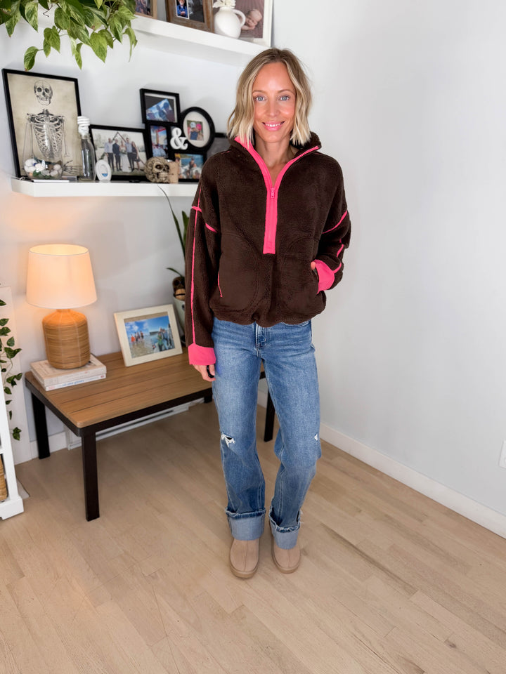 Raina Sherpa 1/2 Zip Pullover- CHOCOLATE