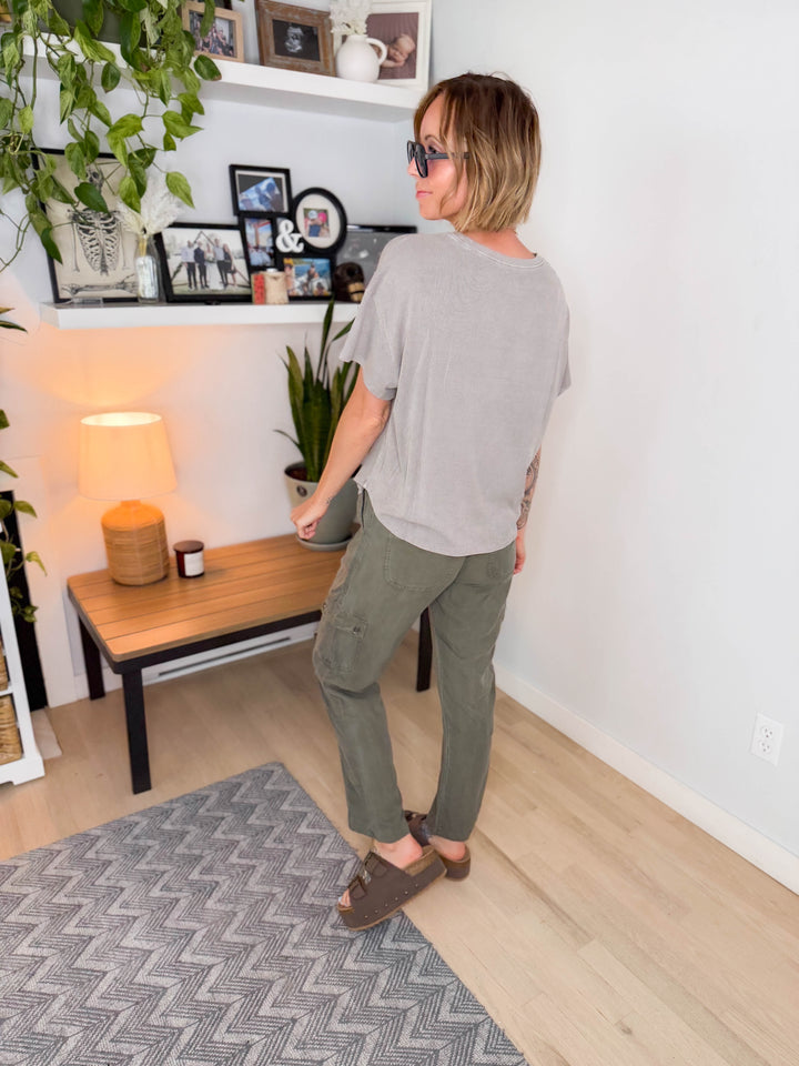 Wild Sage Drop Shoulder Ribbed Tee- GREY BROWN