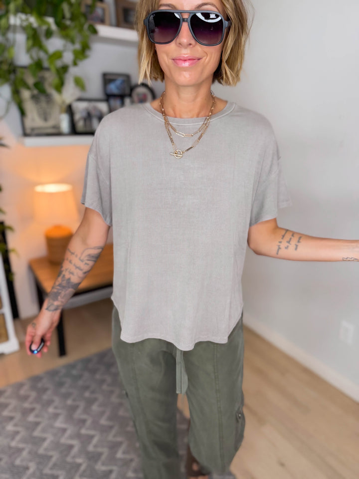 Wild Sage Drop Shoulder Ribbed Tee- GREY BROWN
