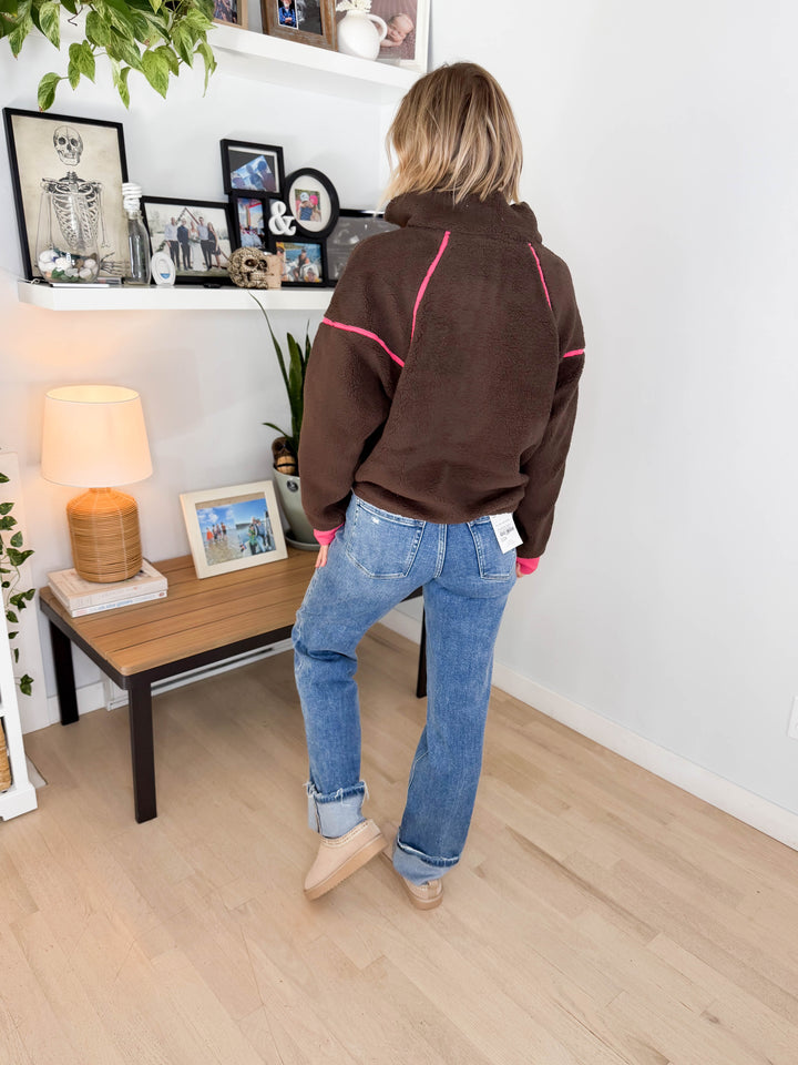 Raina Sherpa 1/2 Zip Pullover- CHOCOLATE