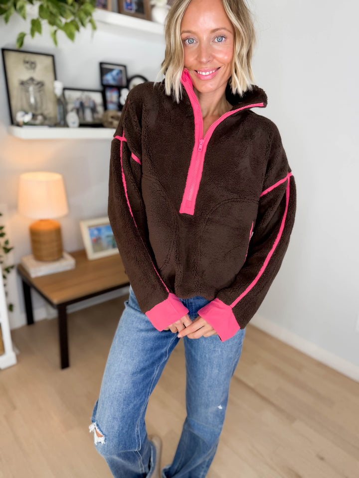 Raina Sherpa 1/2 Zip Pullover- CHOCOLATE