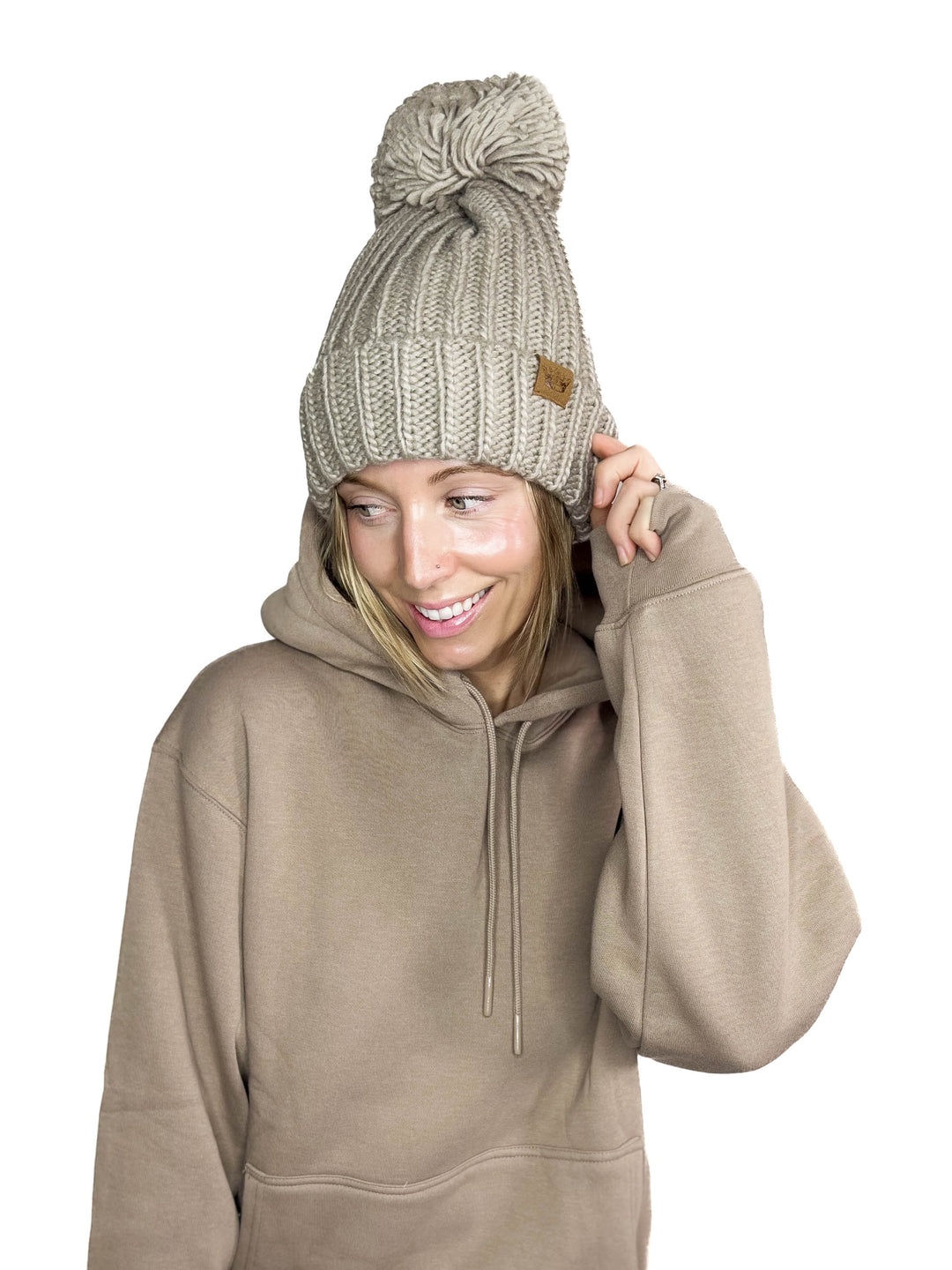 Classic Cable Knit Pom Beanie- TAUPE