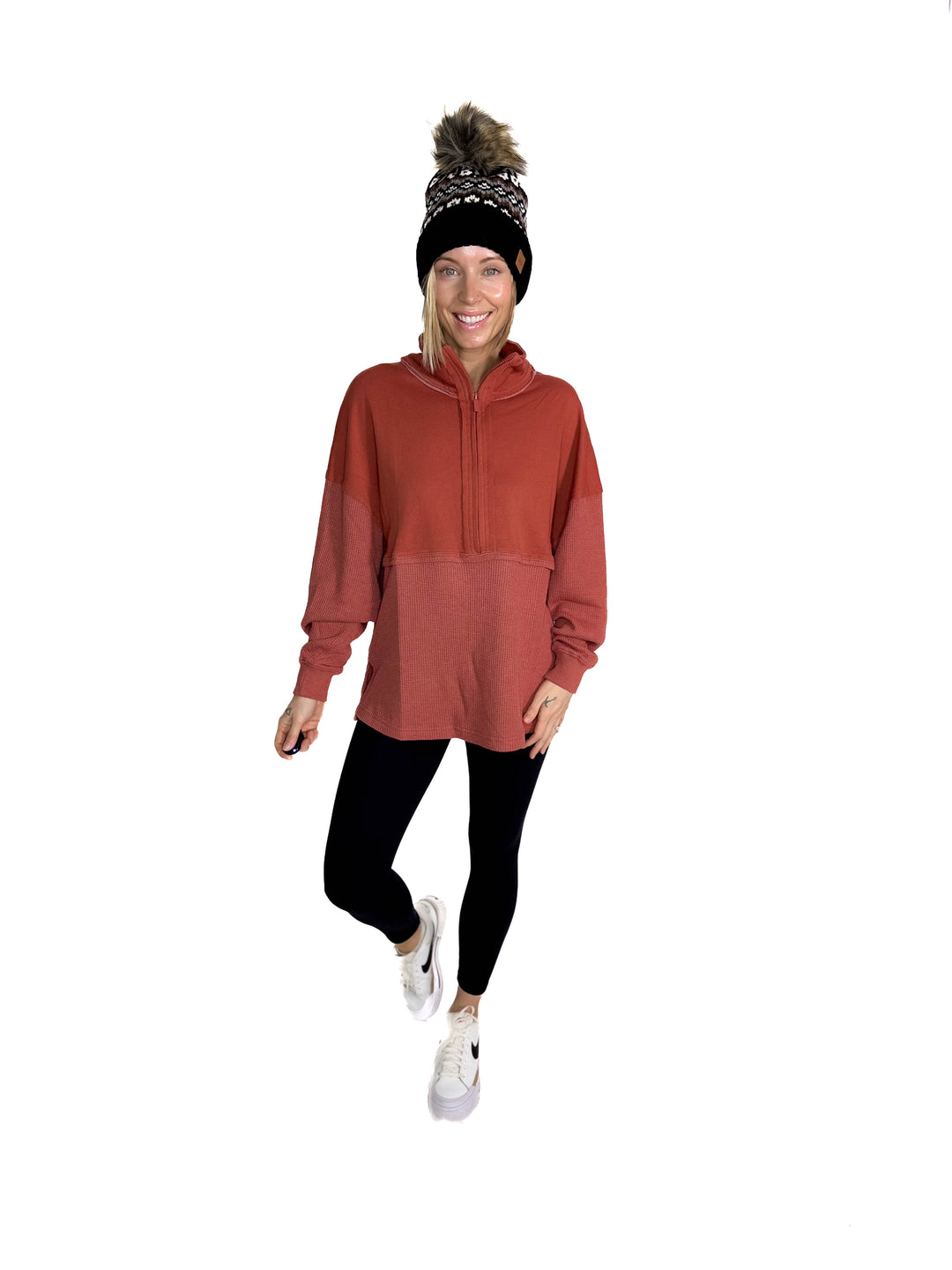 Arwen Waffle 1/4 Zip Pullover- RUST