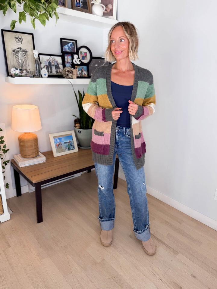 Ravina Multi Colour Blocked Pocket Cardigan- FOREST/MUSTARD