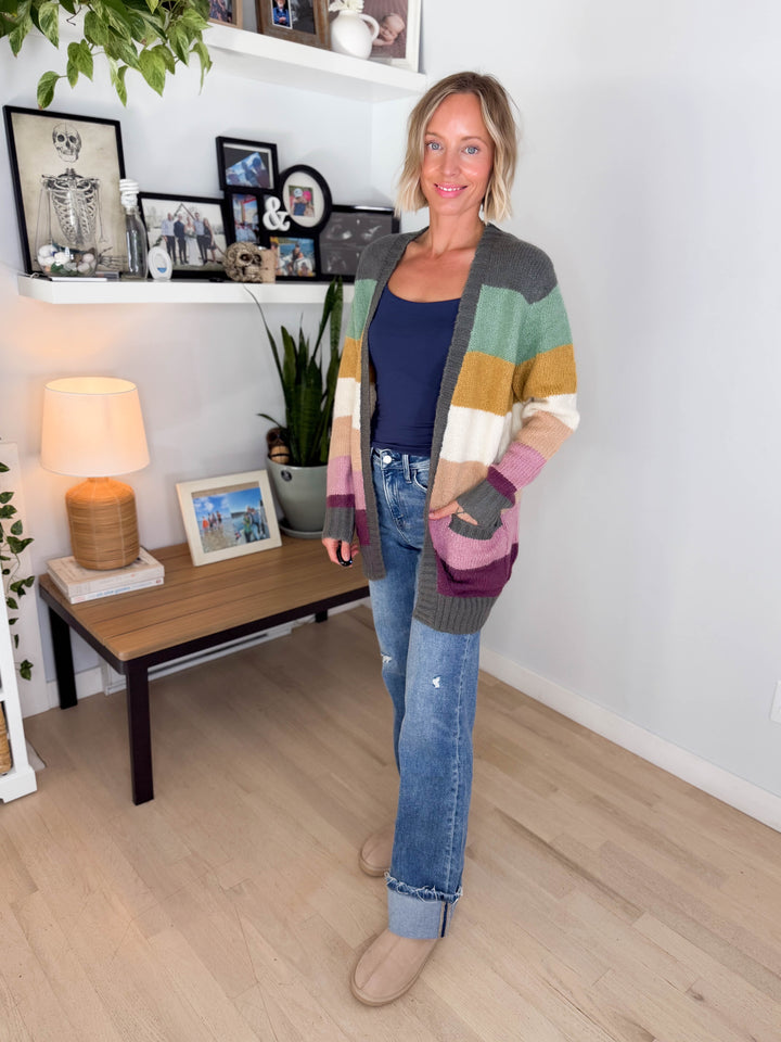 Ravina Multi Colour Blocked Pocket Cardigan- FOREST/MUSTARD