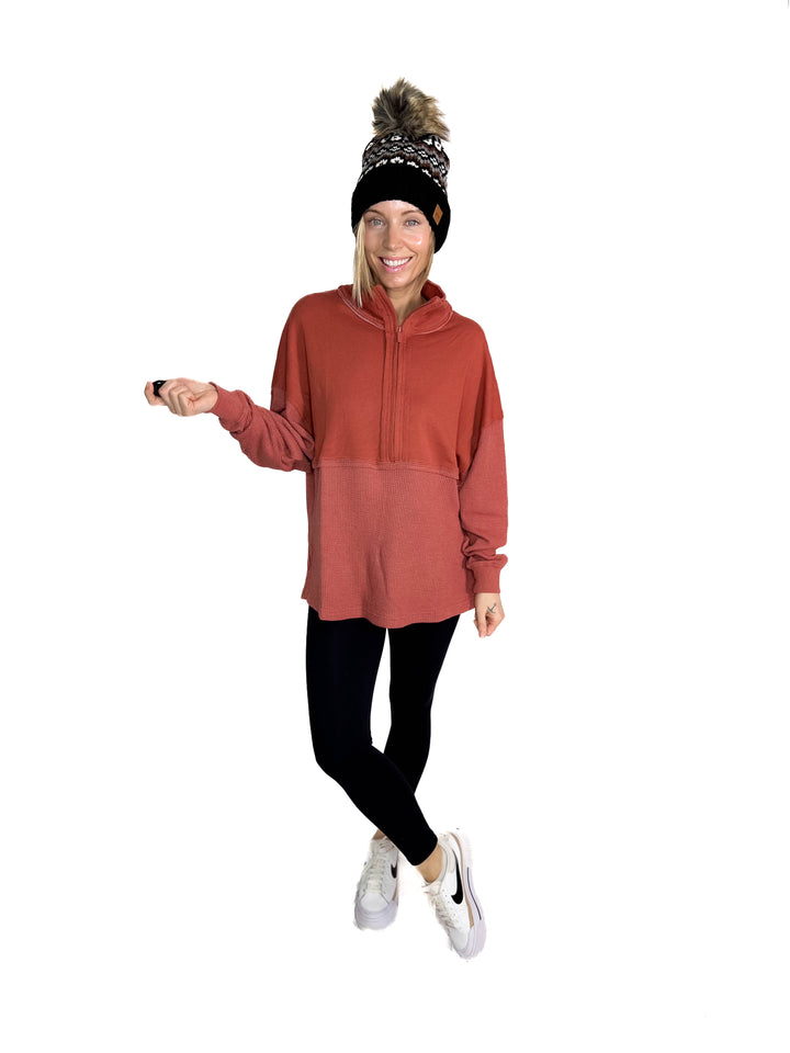 Arwen Waffle 1/4 Zip Pullover- RUST