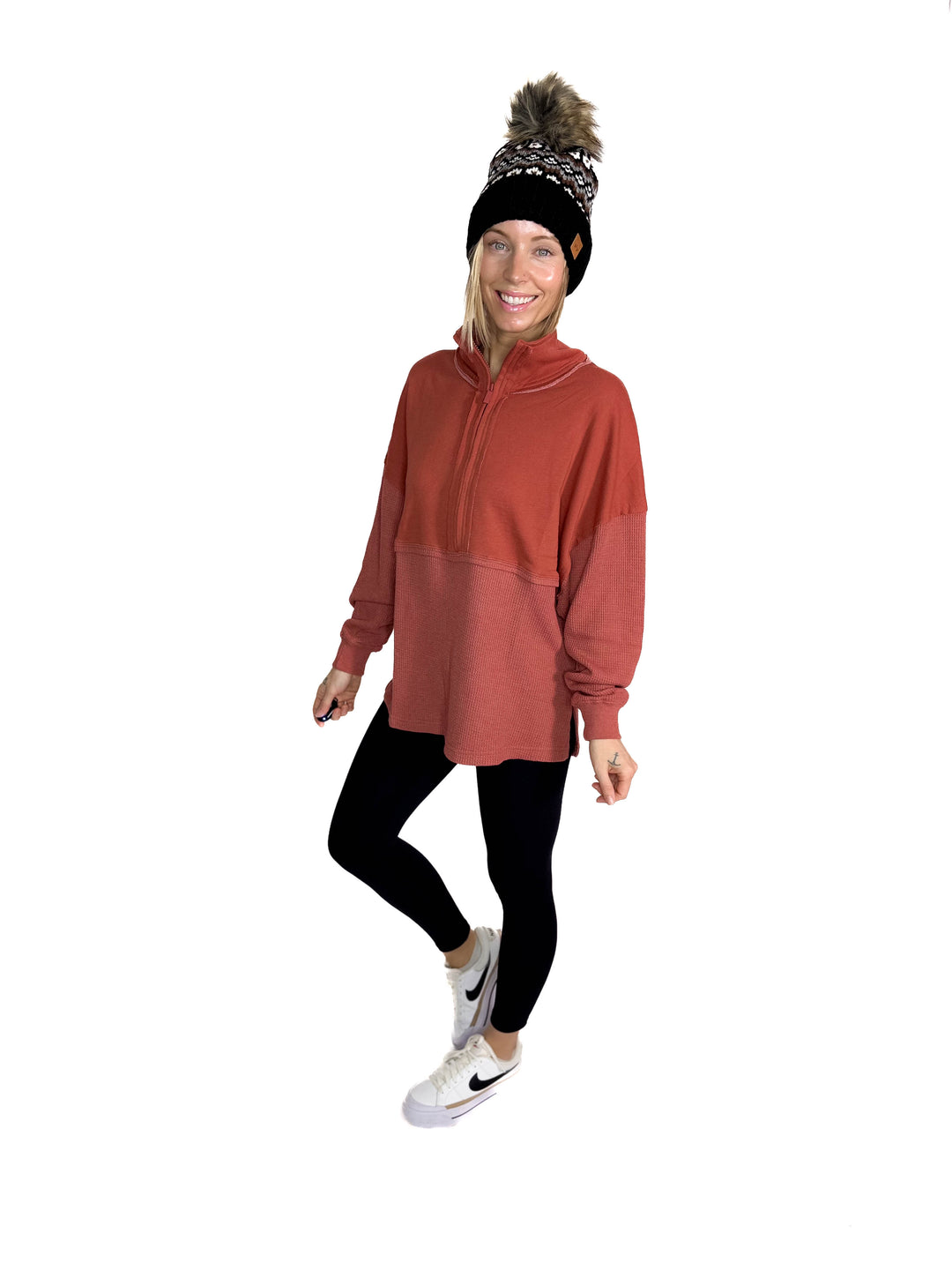 Arwen Waffle 1/4 Zip Pullover- RUST