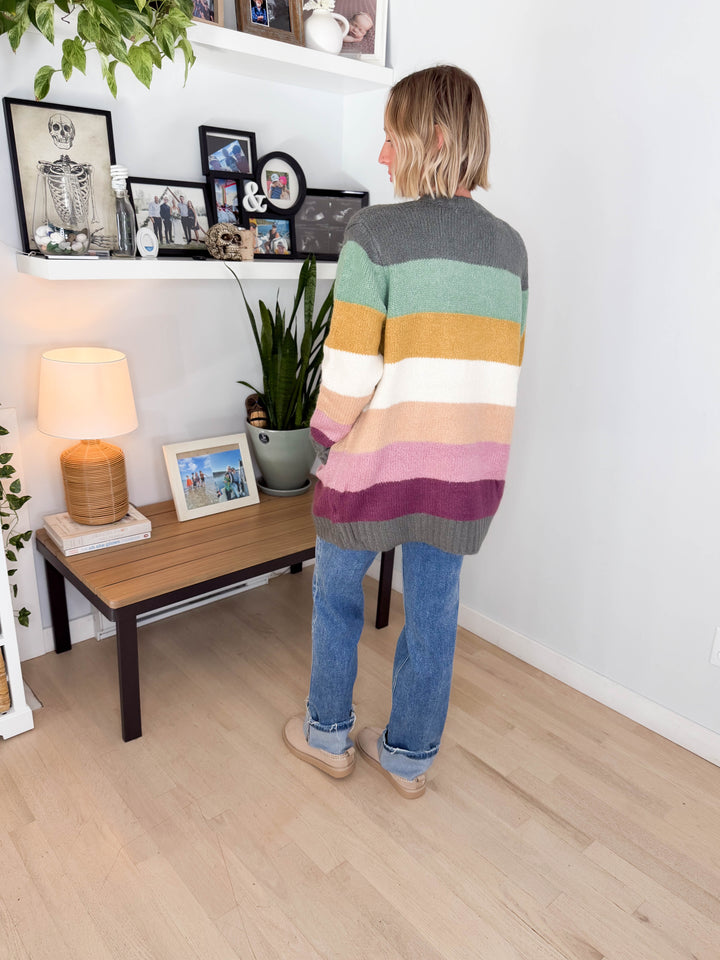 Ravina Multi Colour Blocked Pocket Cardigan- FOREST/MUSTARD