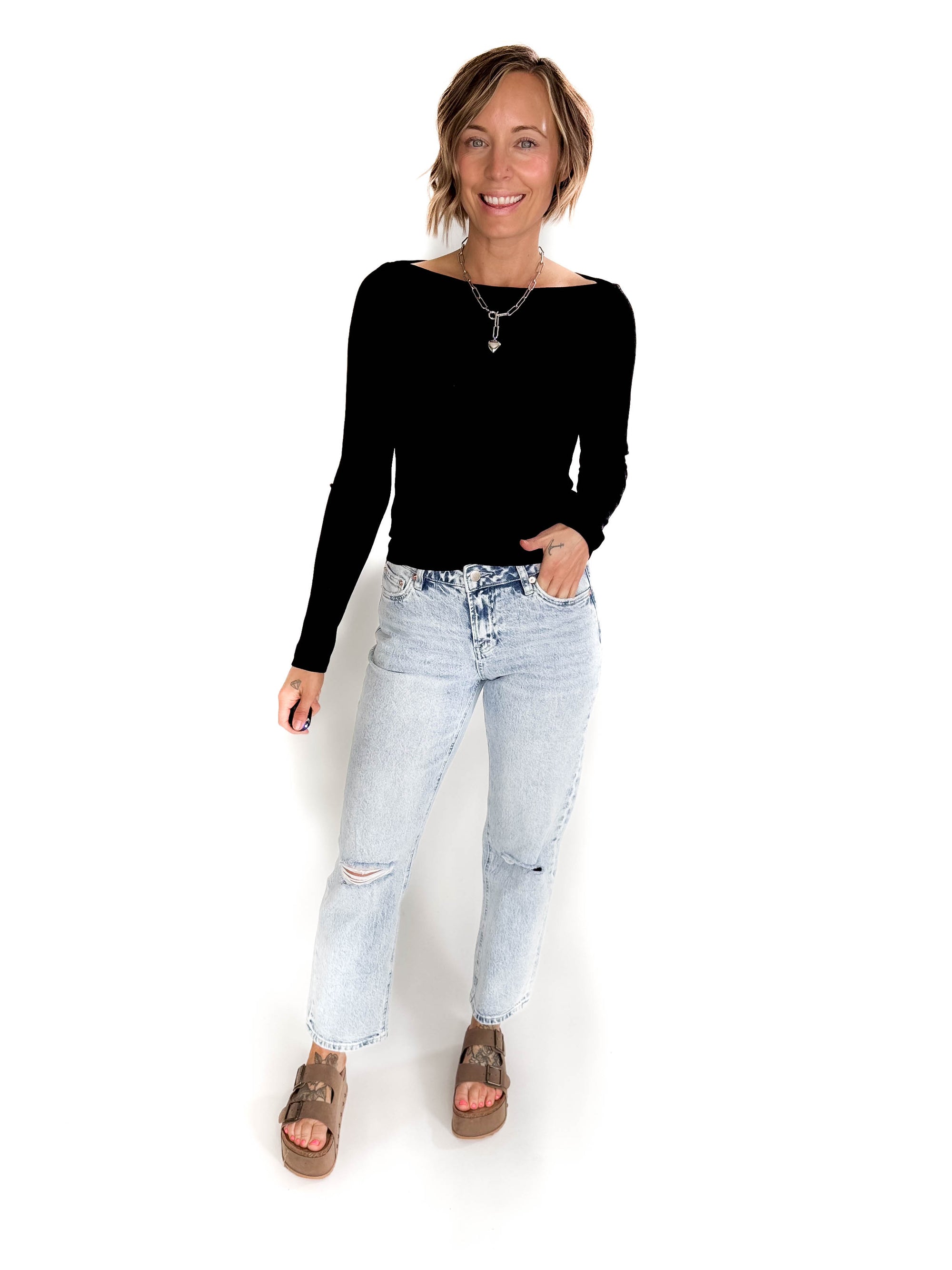 Plaionie Boatneck Ribbed Long Sleeve- BLACK