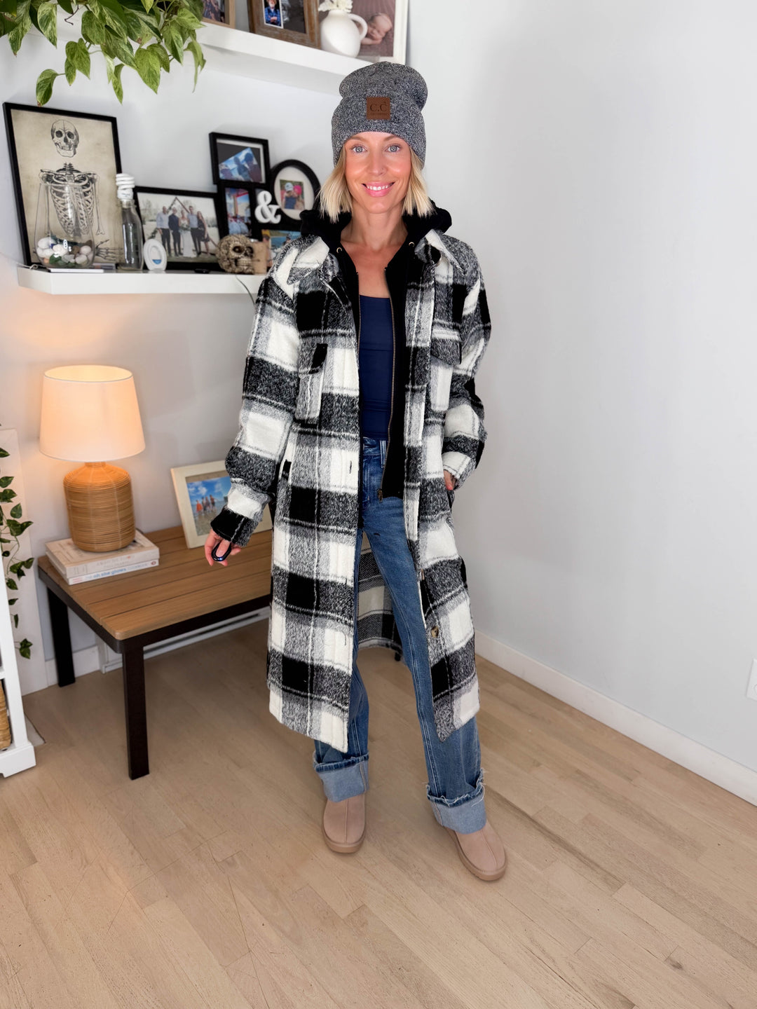 Glinda Twofer Hoodie Plaid Jacket- IVORY/BLACK