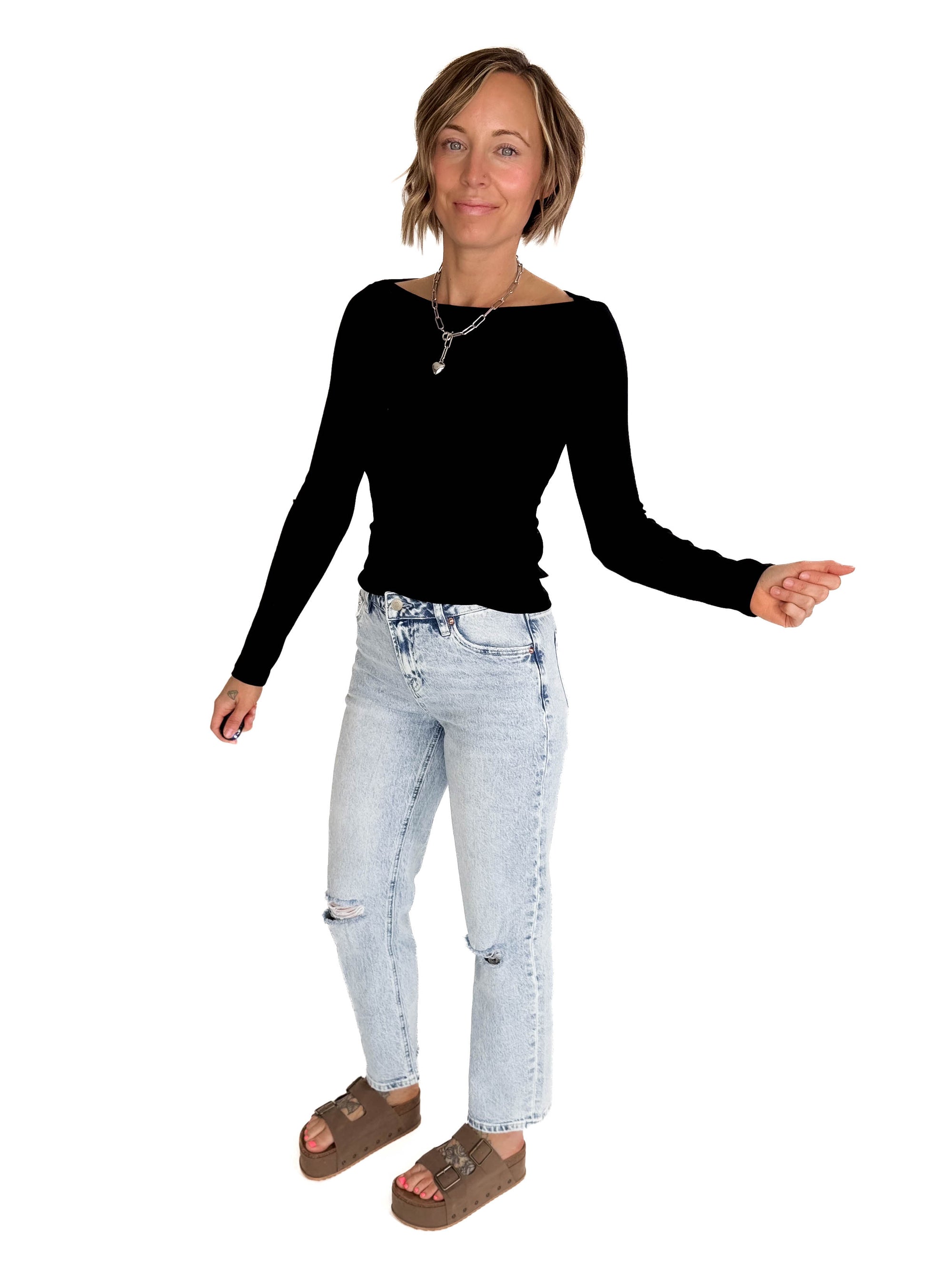 Plaionie Boatneck Ribbed Long Sleeve- BLACK