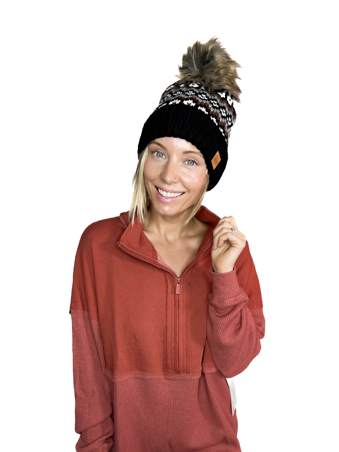 Classic Cable Knit Pom Beanie- BLACK MULTI