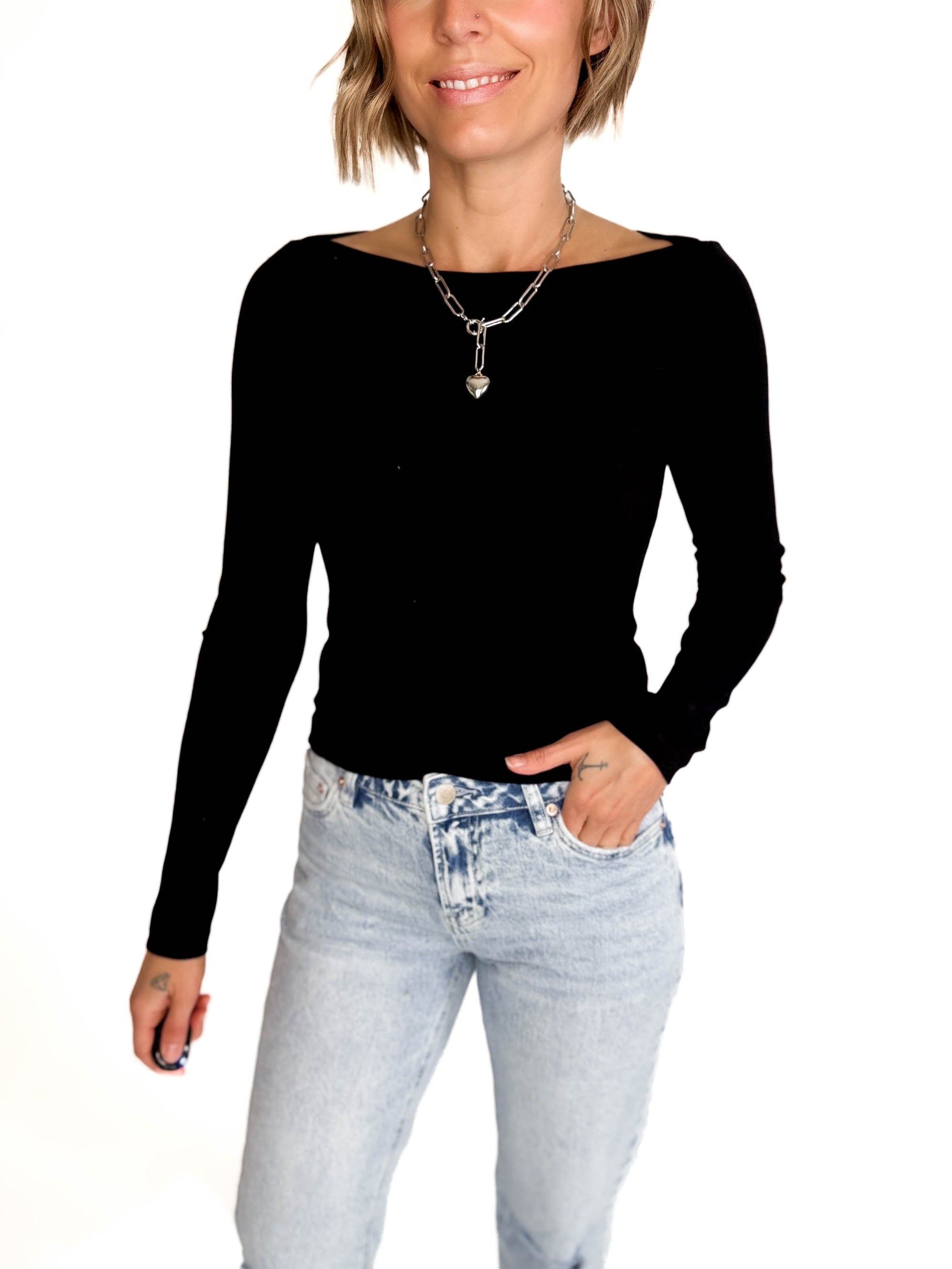 Plaionie Boatneck Ribbed Long Sleeve- BLACK