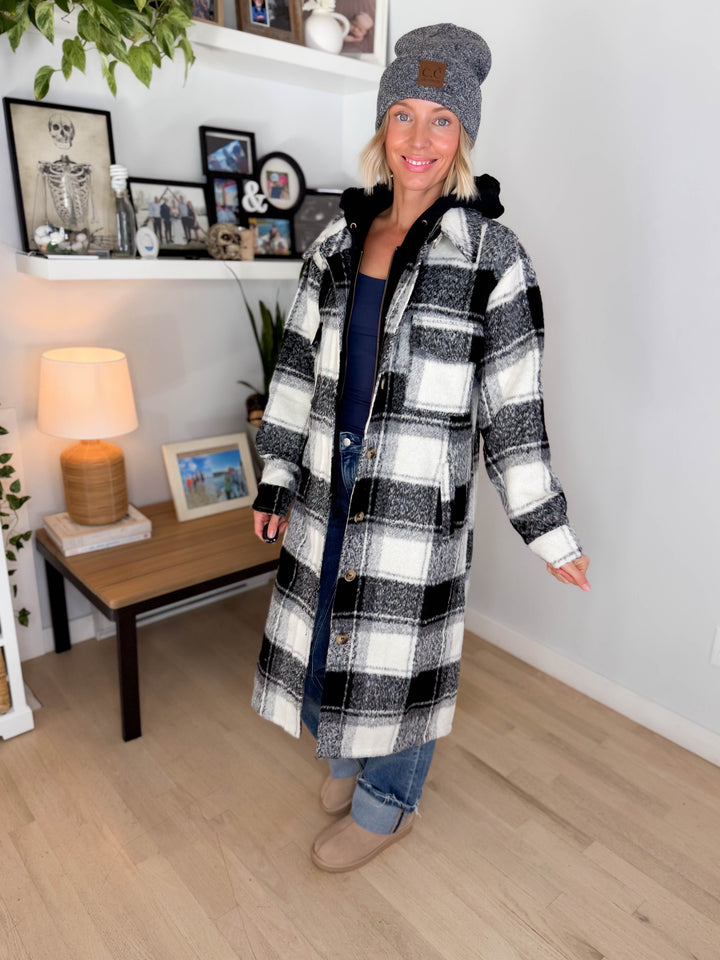 Glinda Twofer Hoodie Plaid Jacket- IVORY/BLACK