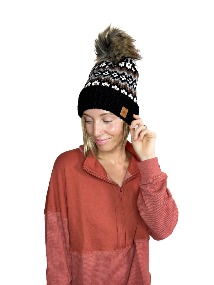 Classic Cable Knit Pom Beanie- BLACK MULTI