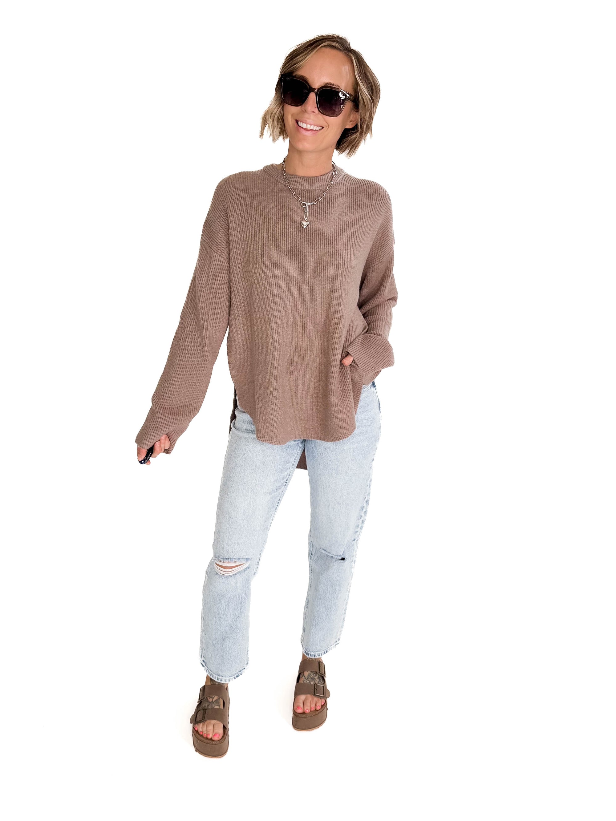 Letha Soft Knit Slide Slit Sweater- TAUPE