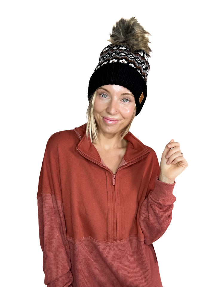 Classic Cable Knit Pom Beanie- BLACK MULTI