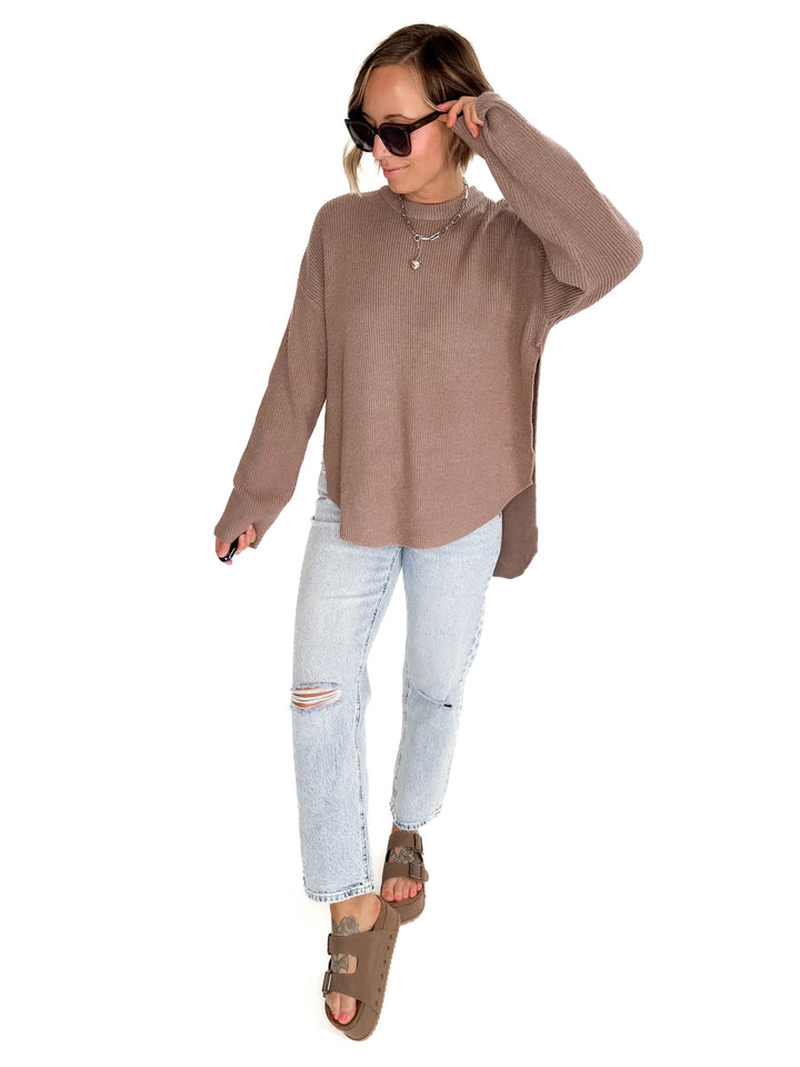 Letha Soft Knit Slide Slit Sweater- TAUPE-FINAL SALE