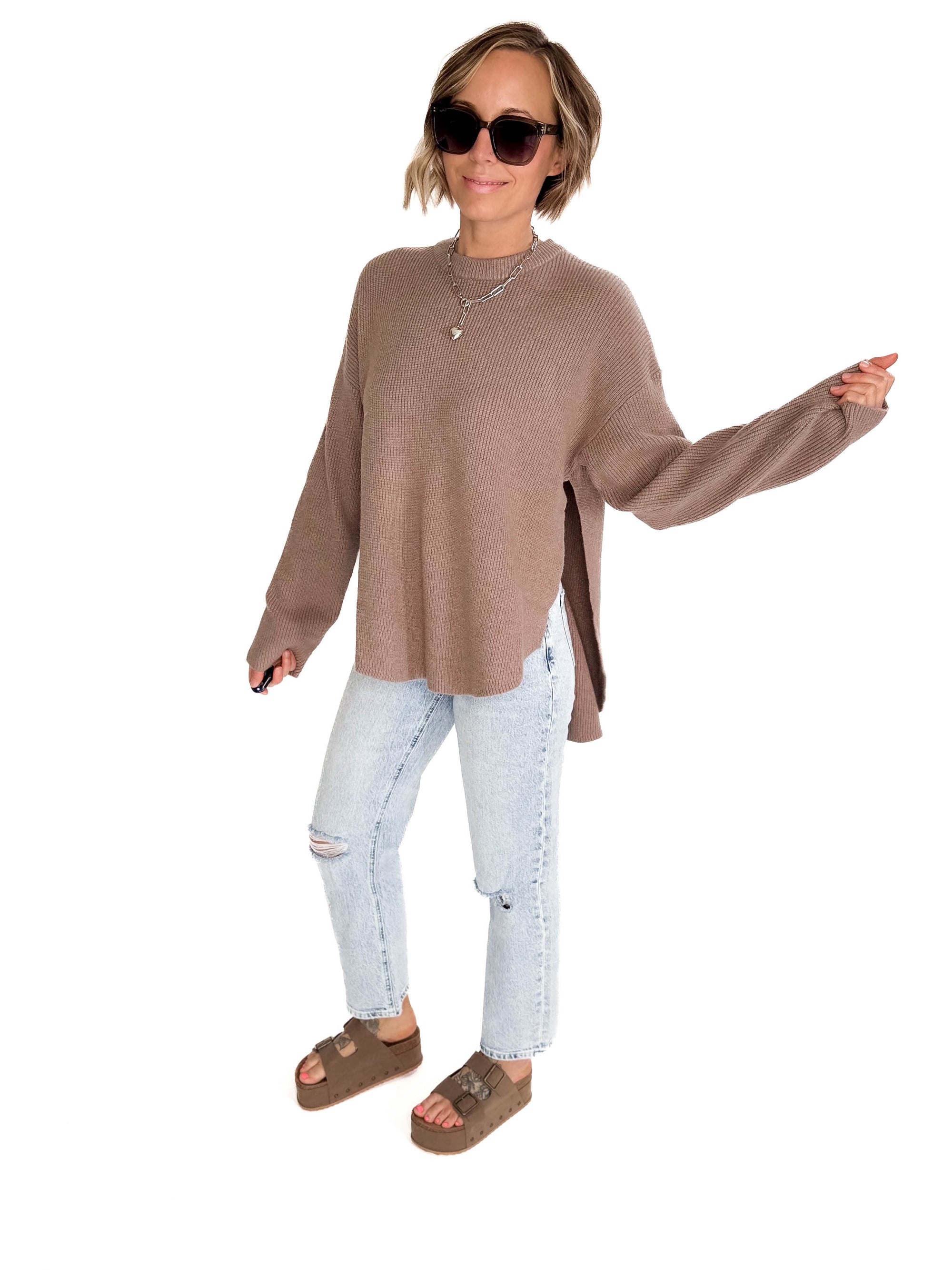 Letha Soft Knit Slide Slit Sweater- TAUPE
