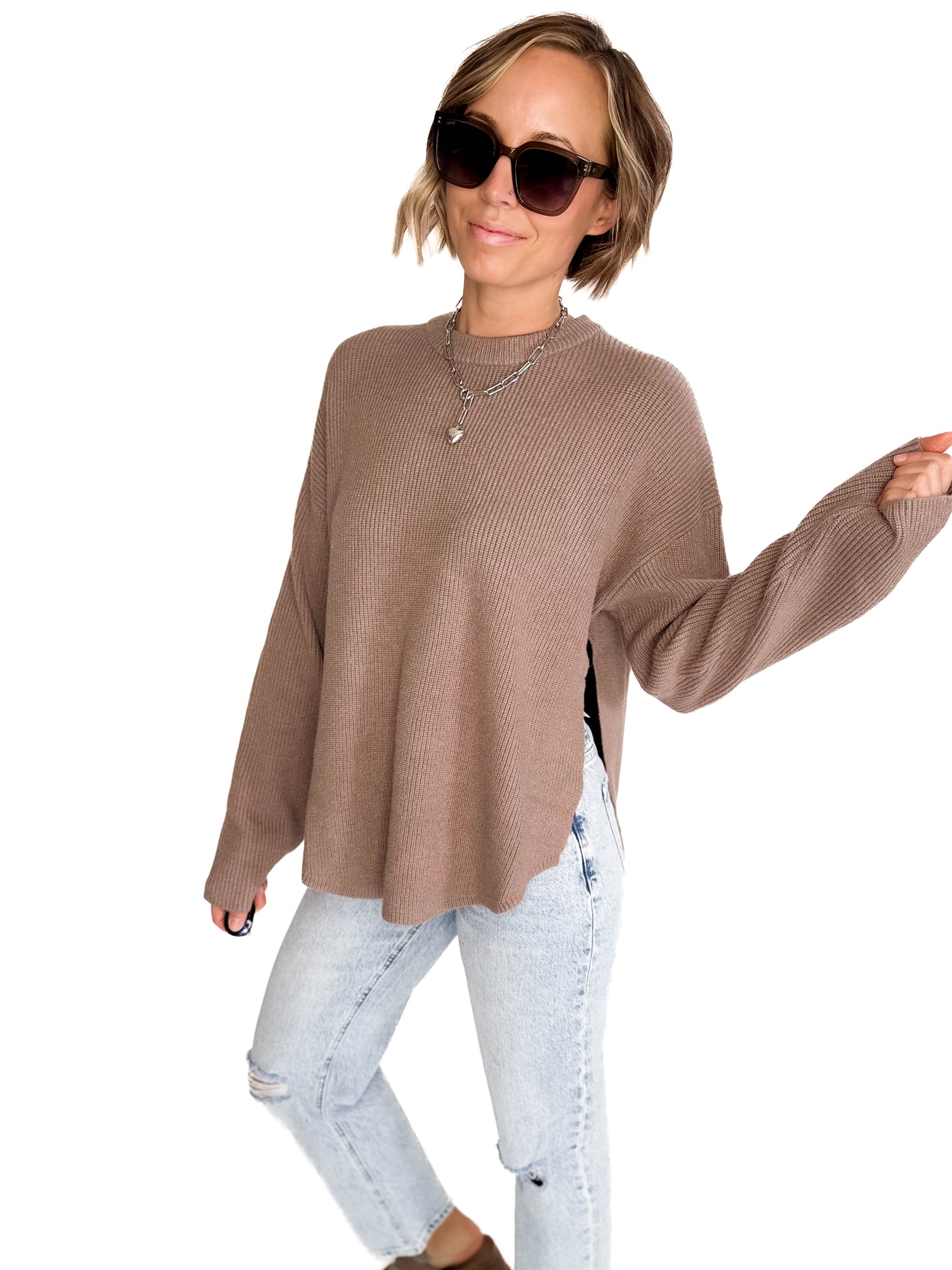 Letha Soft Knit Slide Slit Sweater- TAUPE