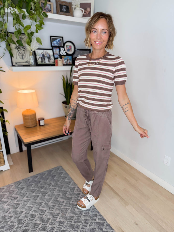 Dockside Classic Short Sleeve Sweater Top- MOCHA