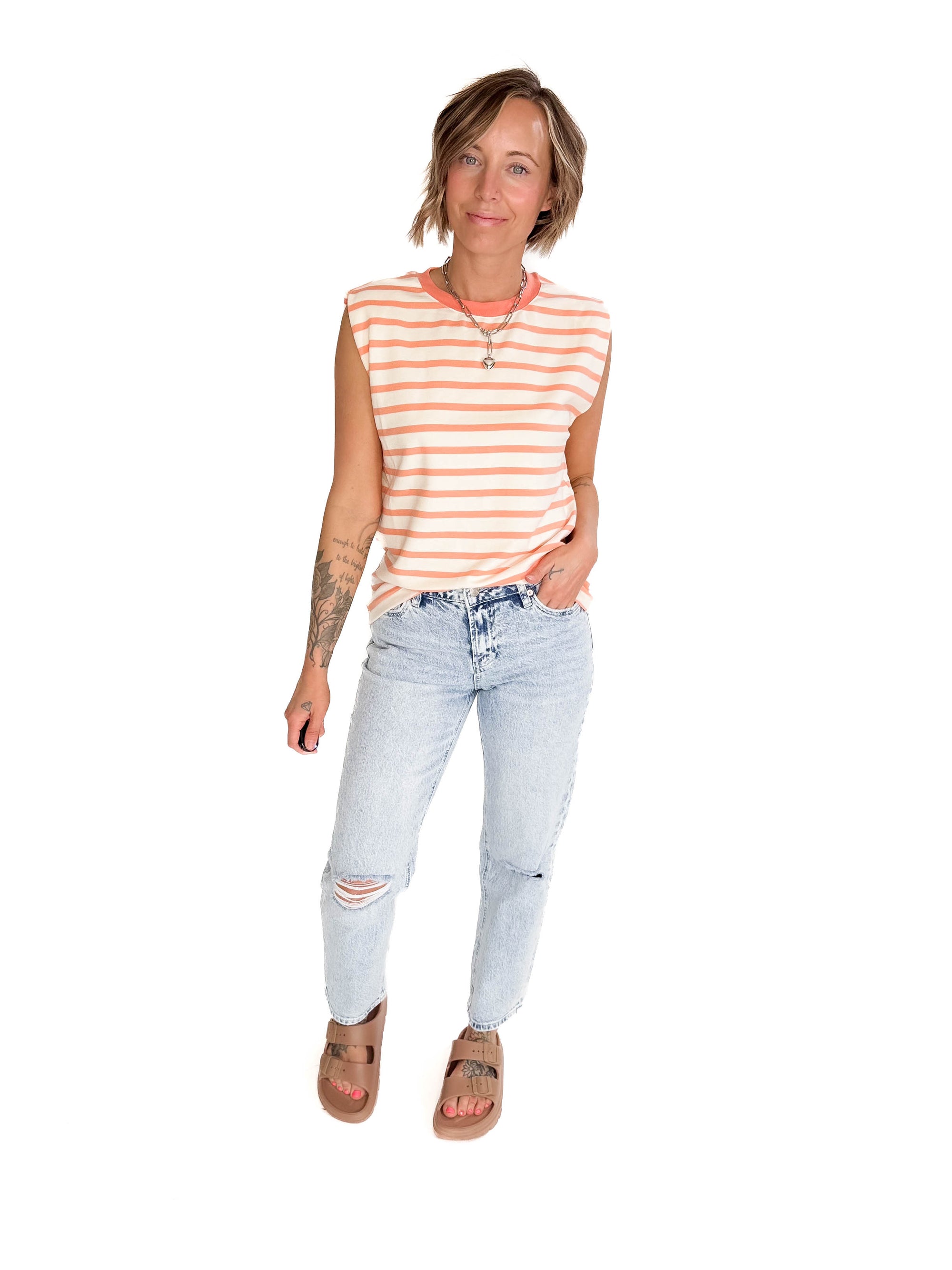 Saffron Round Neck Stripe Top- IVORY/ORANGE