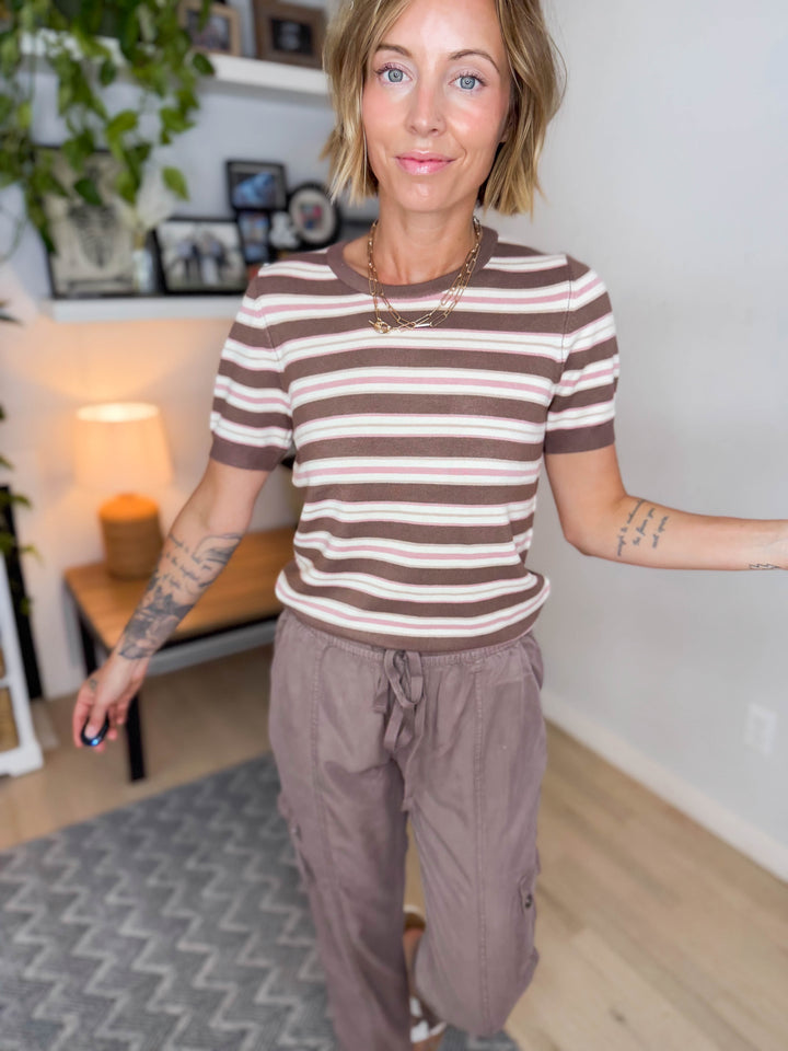 Dockside Classic Short Sleeve Sweater Top- MOCHA