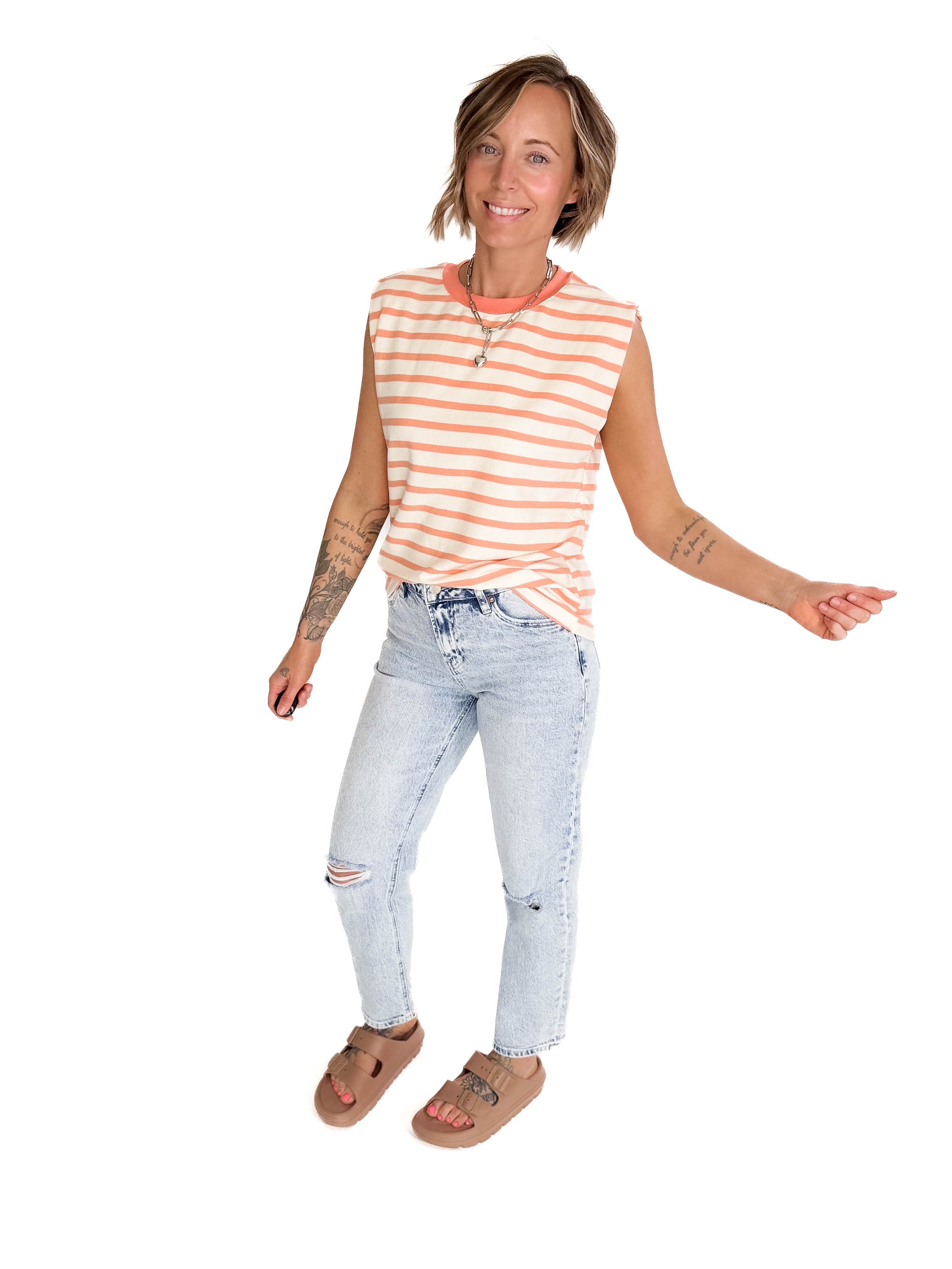 Saffron Round Neck Stripe Top- IVORY/ORANGE