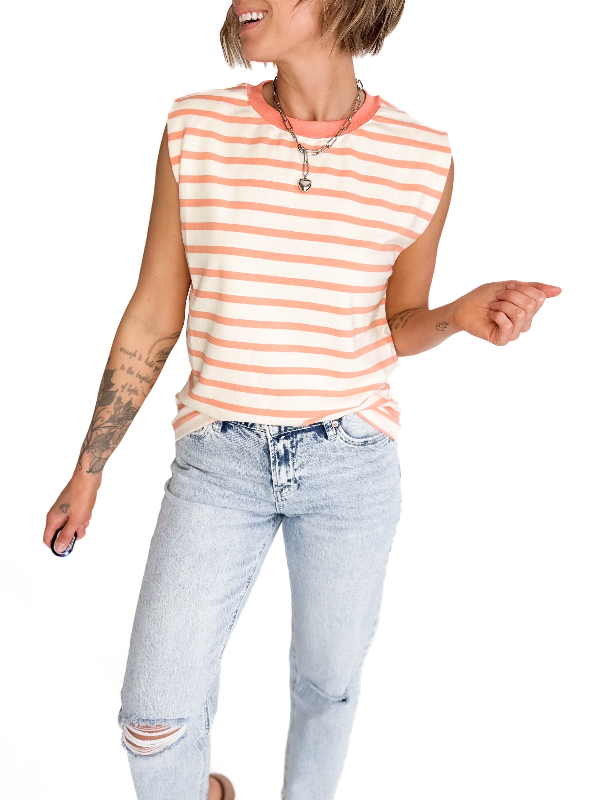 Saffron Round Neck Stripe Top- IVORY/ORANGE