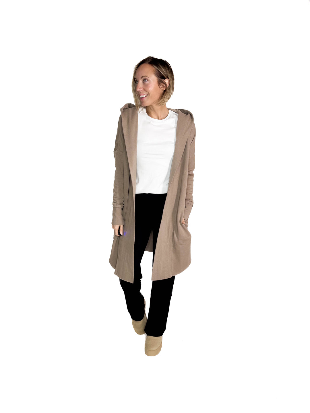 MONO B Whistler Longline Hoodie Cardigan- CREAMY TAUPE