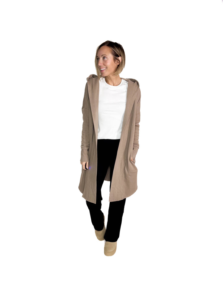 MONO B Whistler Longline Hoodie Cardigan- CREAMY TAUPE